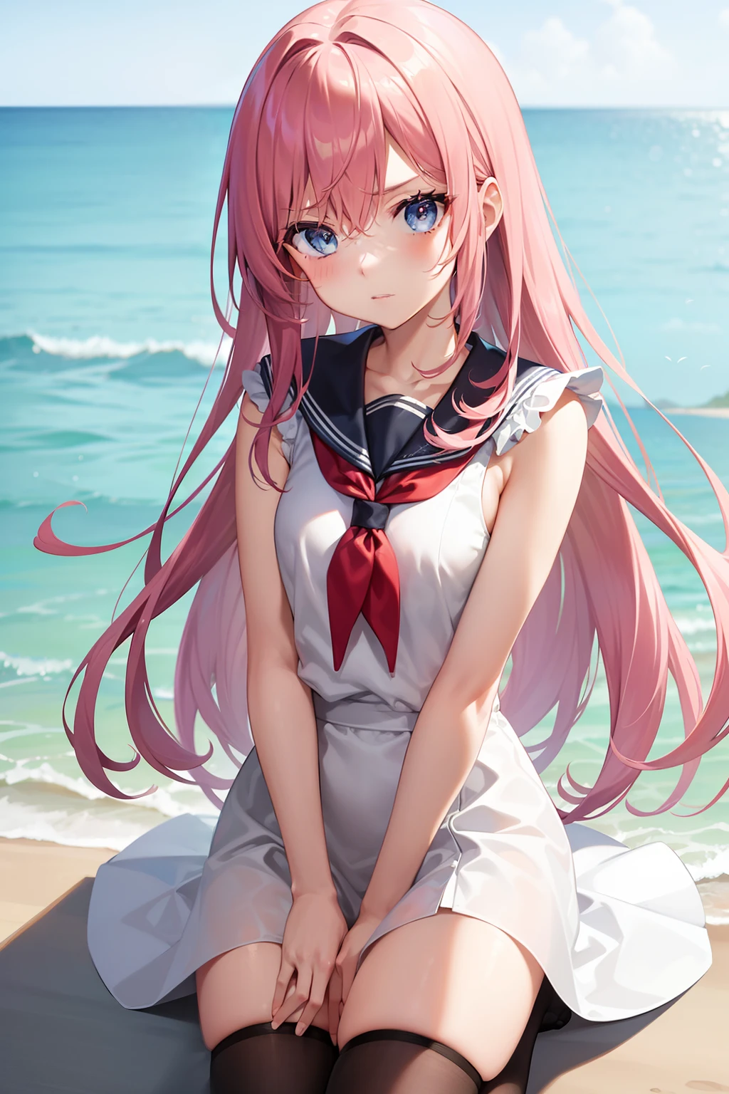 {{{Straight hair}}}, {{{Pink hair}}}, {{{Tsurime}}}, {{{Bangs center parting}}}, Light blue eyes, {{{scornful}}}, a cool, {{{scornful}}}, {{{masutepiece}}}, {{{Best Quality}}}, {{Ultra-detailed}}, {Illustration}, {{extremely delicate and beautiful}}, {{mare}}, nigh sky、slender physique, Shiny hair, Face Focus, {{tiny chest}}, {{{Angry look}}}, {arms in arms}, {knee high socks}, 1girl in, Upper body, Looking at Viewer, shoes, 25-years old, {{{a sailor suit}}}, Dynamic Angle, Front view, Photorealistic, Beautie,