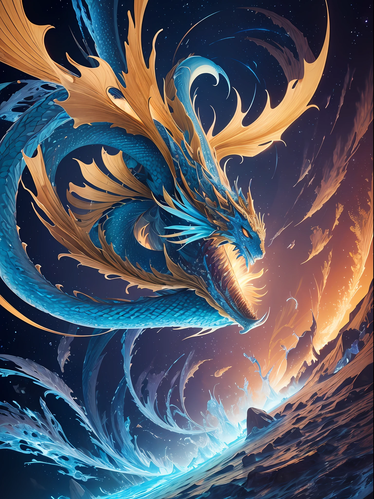 (Masterpiece, Top Quality, Best Quality, Ultimate Detail, Highest Detail, Official Art, Beauty & Aesthetics: 1.2), Golden Ratio, Full Composition, official art, Unity 8k wallpaper, super detailed, beautiful, (fractal art: 1.4), the naked school girl is riding on the blue dragon,flying over the town, full body, crystallineAI, from below, splash