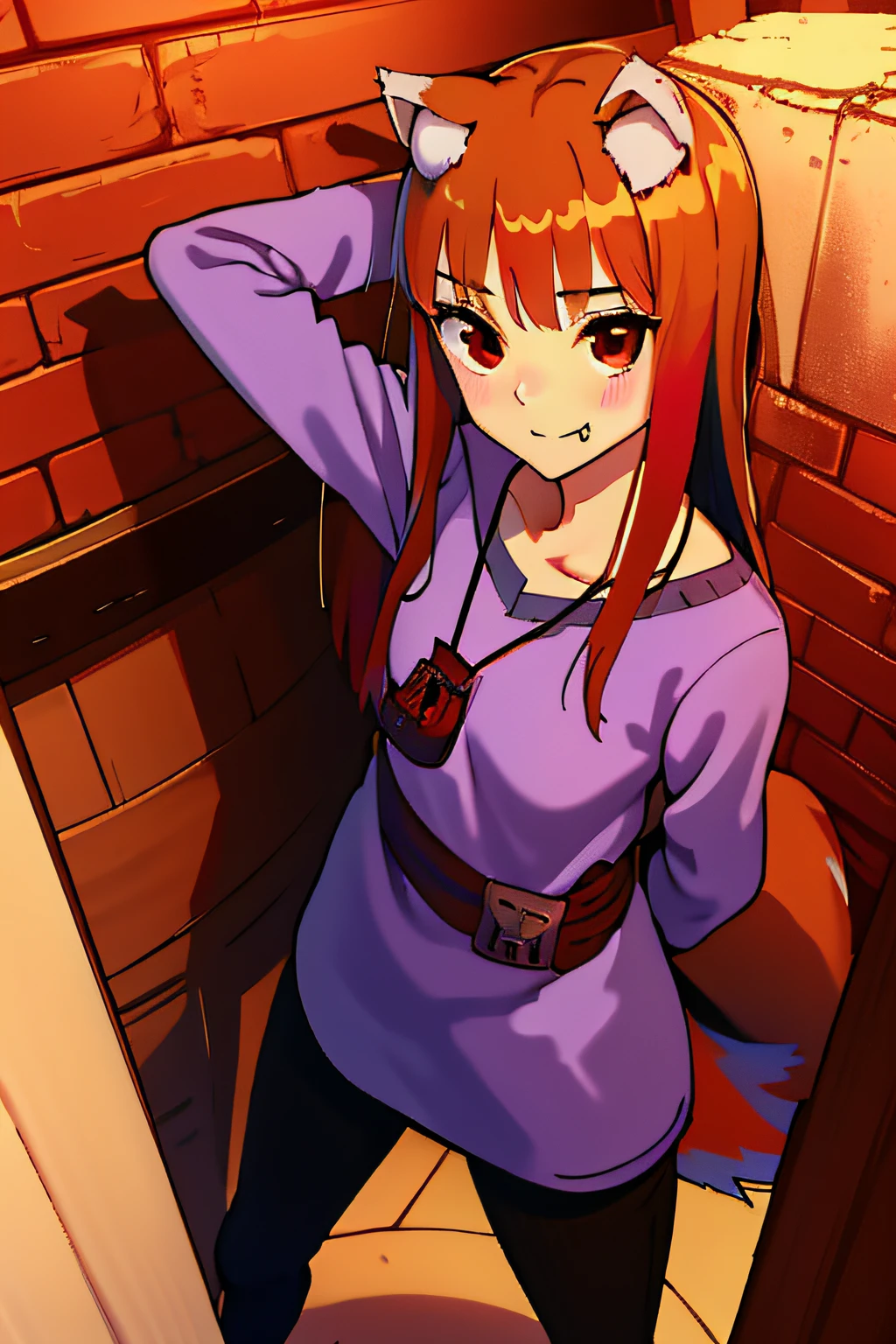 absurdres, best quality, masterpiece, novel illustration,(spice and wolf), (((holo))), (spicytail), (koume keito:1), (ayakura juu:1), (kawakami rokkaku:1), looking at viewer, wolf_ears, wolf_girl, wolf_tail, holo, animal_ears, 1girl, long_hair, brown_hair, purple_shirt, solo, brick_wall, pouch, fang, red_eyes, smile, barrel, front view, leaning forward, arms behind head, character focus
