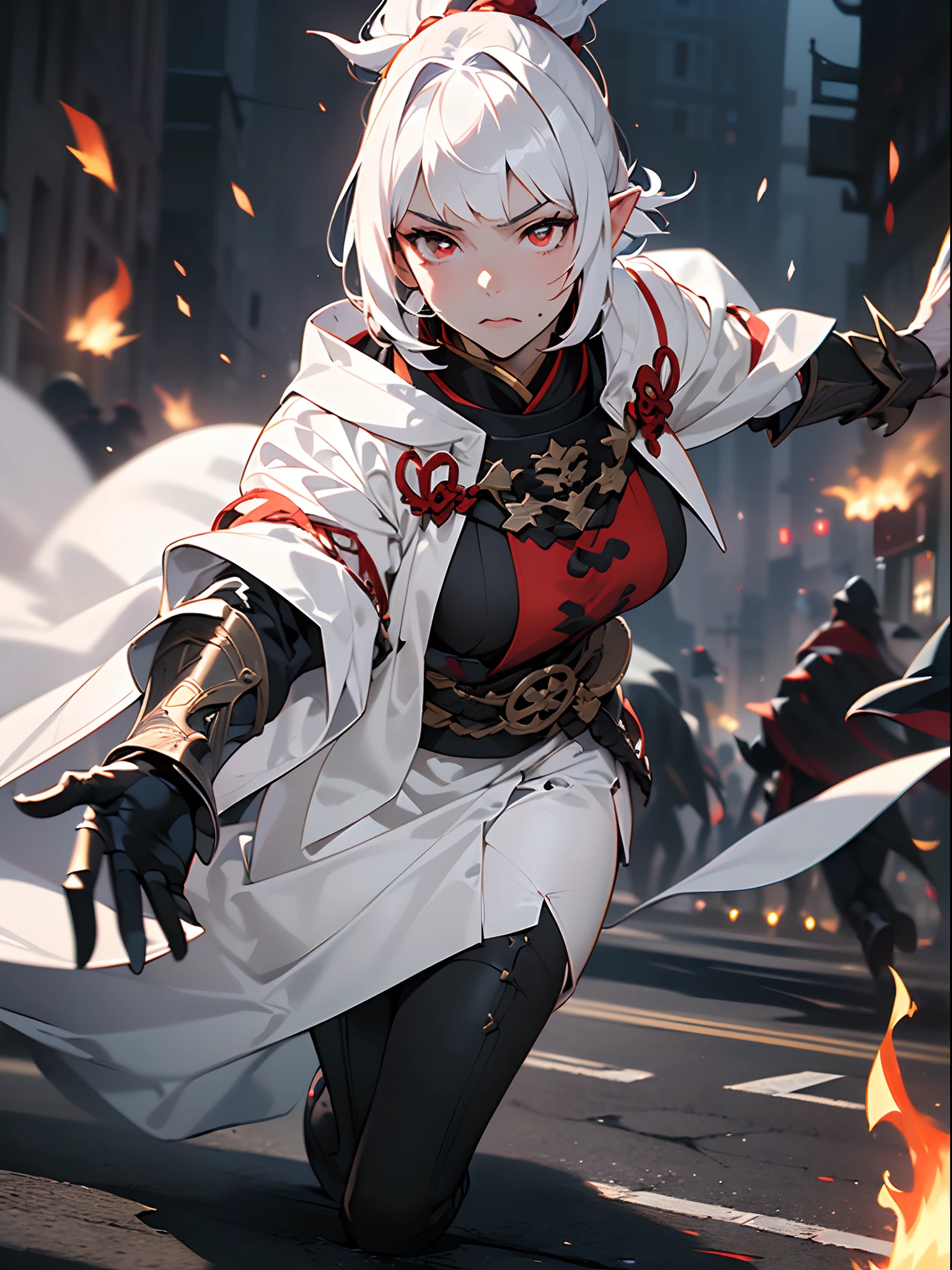 ((jpn)),((Best Quality)),((Beautifully painted)),((hight resolution)),1girl in,Luminescent beautiful elven daughter,(((onmyouji))),(((suikan))),((White cloak with red decoration)),Luminescent bushy silver-haired ponytail,(((black gauntlet and glove))),nice hand, Perfect hands,(((Move quickly as if sliding on the ground))),(((Fight black demon monsters in the streets of a big city on a blazing night))),((Flying flames)),armor,(face forcus),(((speed lines))),(((motion blur))),(((dynamic angle))),((cinematic lighting))