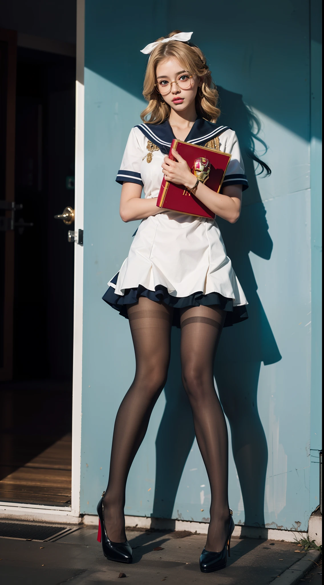 (full body:1.5)，(((1girl)):1.3),(view the viewer:1.4)，((anatomy correct):1.45),(Sitting on a turtle:1.2),(He wears large glasses and holds a book in his hand:1.15),(shy:1.15)，(iron man style Sailor dress with ribbons:1.2),(Tan Pantyhose:1.3),( Uniform high heels leather shoes with bows for female students:1.1)，(Accurate and perfect face:1.3),(Blue-eyed blonde:1.2)，hyper HD, Ray traching, reflective light， structurally correct, Award-Awarded, high detail, lighten shade contrast, Face lighting ，cinematic lighting, masterpiece, super detailing, high quality, high detail, best quality, 16k，High contrast,