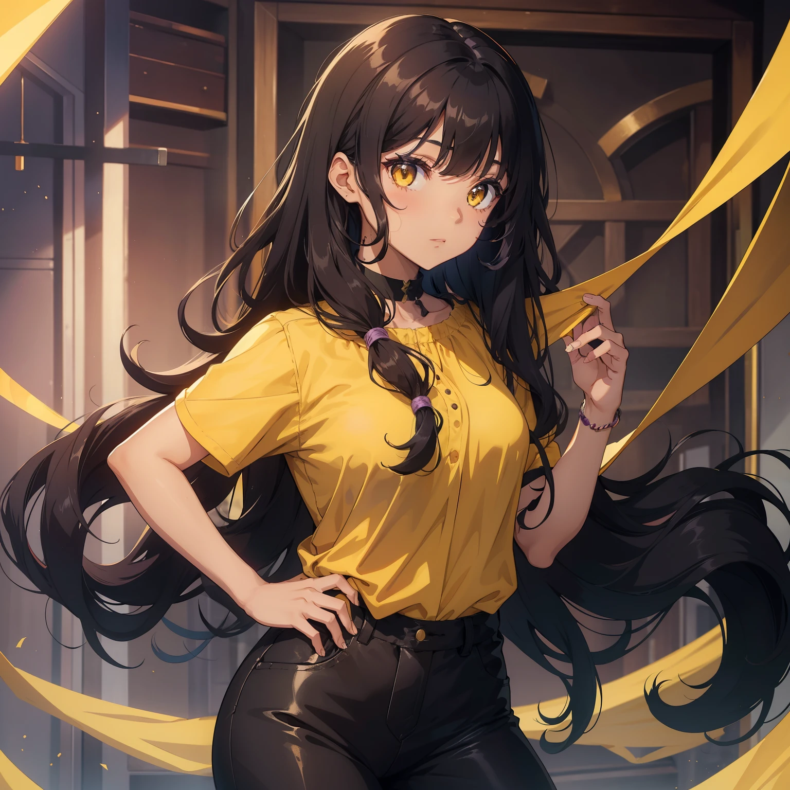 A girl with long, curly black hair, yellow eyes, brown skin color, wearing a purple blouse with black pants