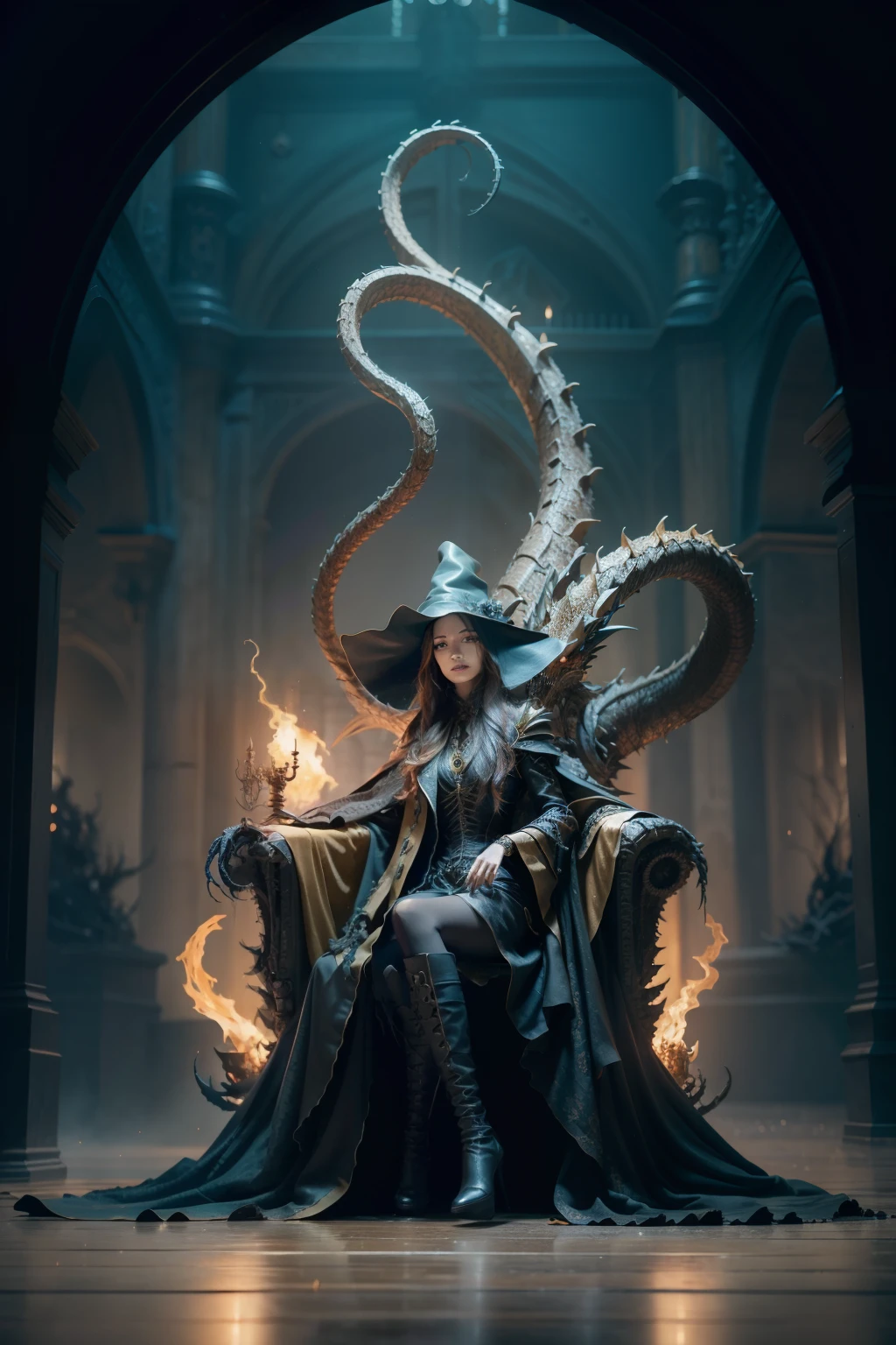 （A beautiful witch sits in front of the Soniste fire dragon skeleton:1.4) ，gloomy castle，Spooky and terrifying，The skull is on the ground，depth of fields，high light，Real light，Ray traching，OC renderer，UE5 renderer，Hyper-realistic，best qualtiy，8K，Works of masters，super-fine，Detailed pubic hair，Correct anatomy，