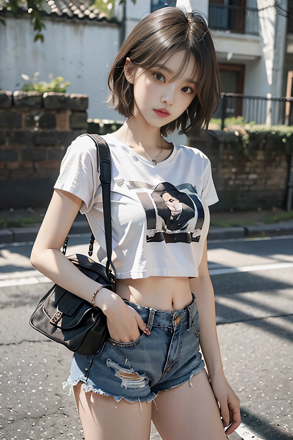 Top image quality、RAW photography、超A high resolution、Cute girl at 18 years old、For one person only、Round chest、T-shirt、Black shorts、Beautiful Eyes of Details、Very slender eyes、Beautiful eyelashes、beautiful double eyelid、White walls、Beautiful waist、Very slender legs、Light brown shorthair、Very slim physique