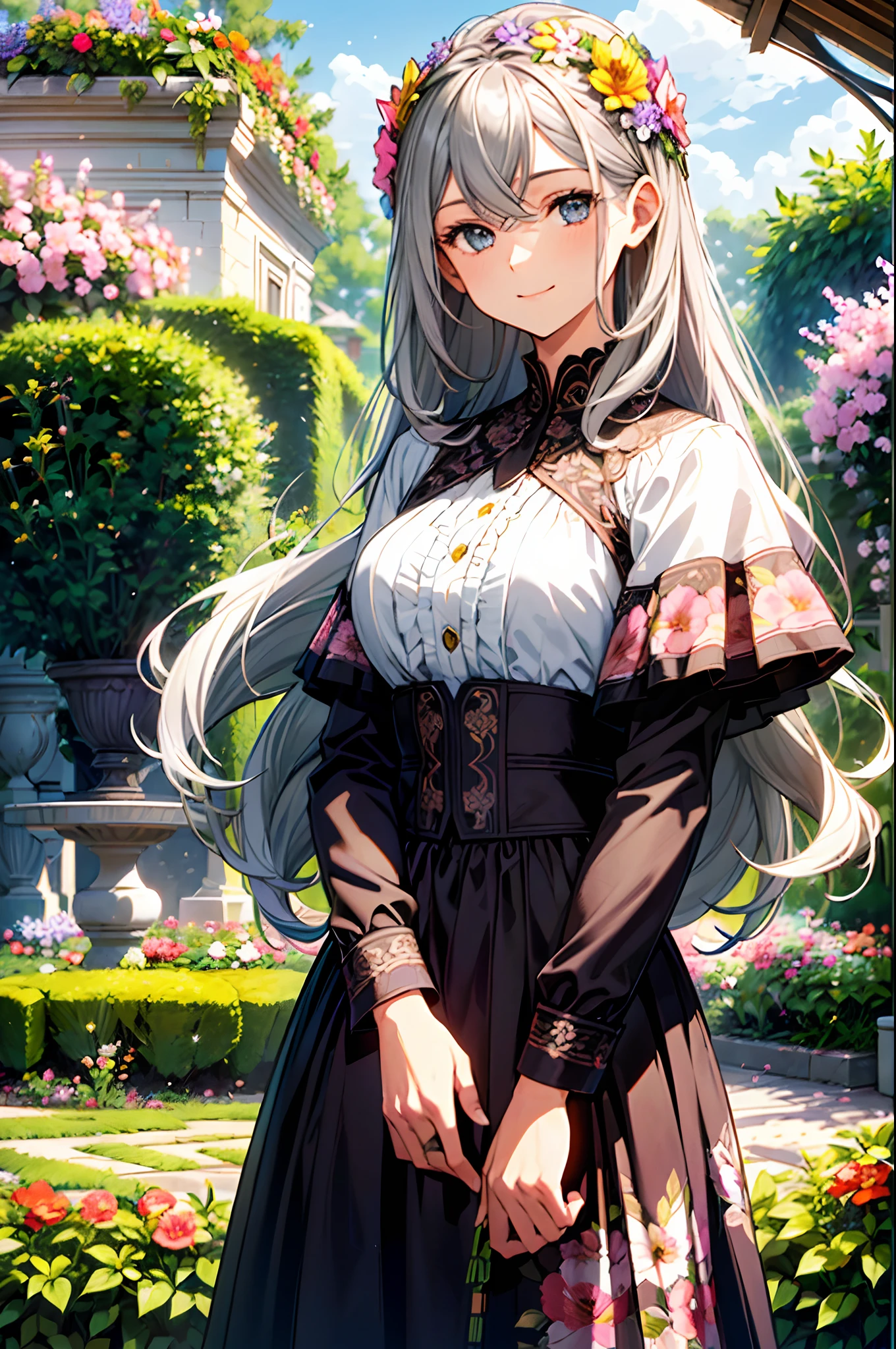 absurderes, A high resolution, (offcial art, Beautiful and aesthetic:1.2), (Close view:1.2), front composition,
1girll, (Long hair:1.2), Gray hair, Wavy hair, Smile,
(Spread throughout the garden:1.6), (flower effect:1.2), (florest background:1.2), (Background full of flowers:1.4), (ornate backdrop:1.1),