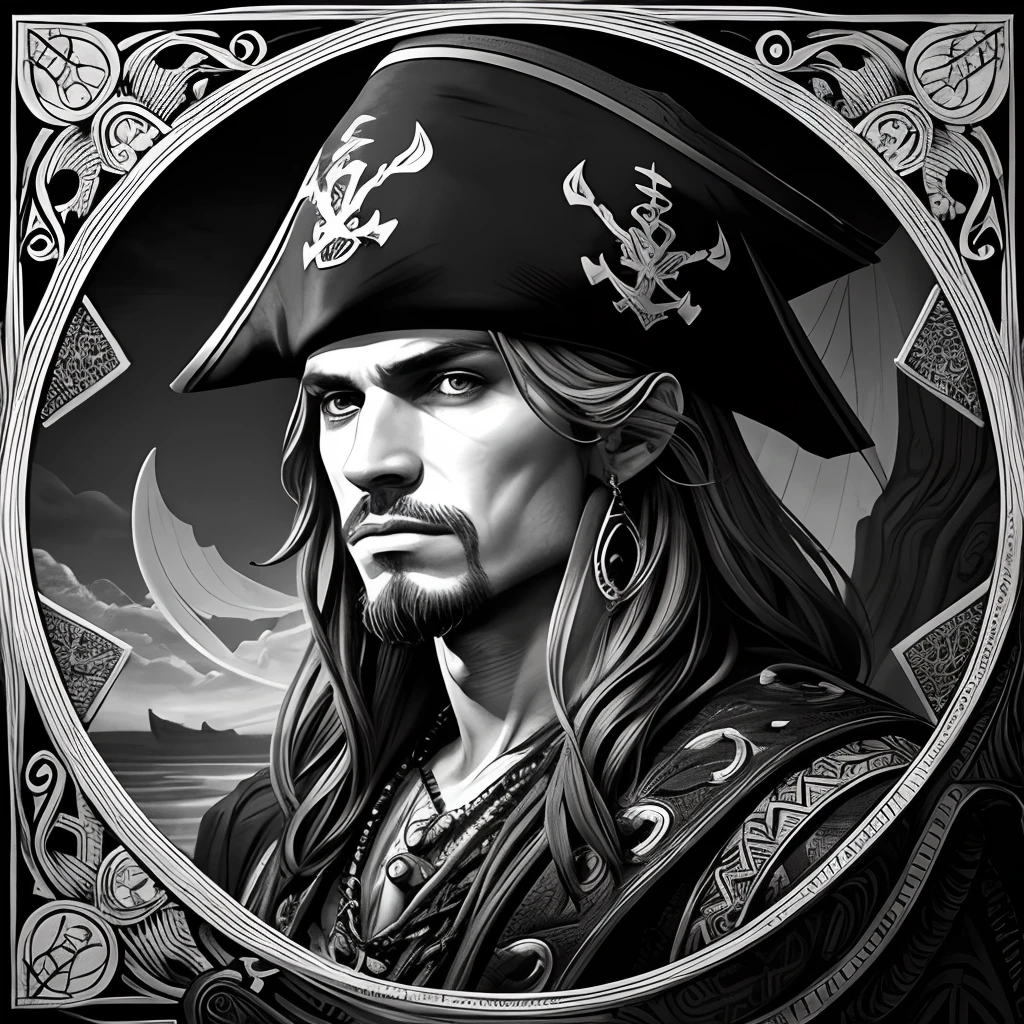 Centred potrait of a male Pirate, black and white, zentangle (best quality) ultra-detailed, fine line drawing, fine line art, coloring book illustration style, intricate linework, highly detailed illustration, perfect composition, beautiful and stunning, dynamic angle, high contrast, incredible shading, incredible detail, unique style, black and white details, (dark and mystical atmosphere), intricate and detailed nature elements.