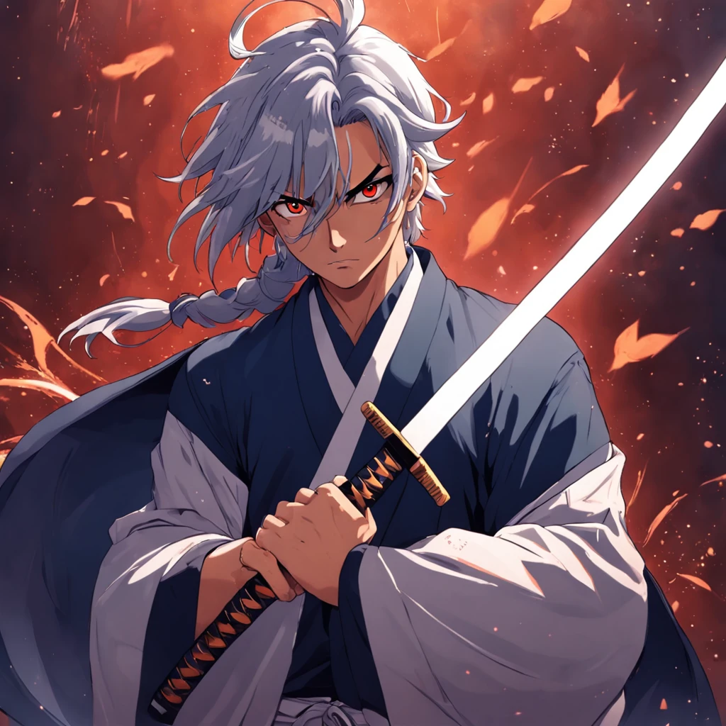 (absurdos, Altas Resoluciones, Ultra detallado)(Obra maestra, La mejor calidad:1.2),1hombre, con una katana, resplandor ocular, Ojos absolutamente impresionantes, sosteniendo una pistola, Mirando hacia el espectador, Maximum power, Orejas de Kitsune, orejas de zorro, colas de kitsune mistico, (Cara de galaxia),