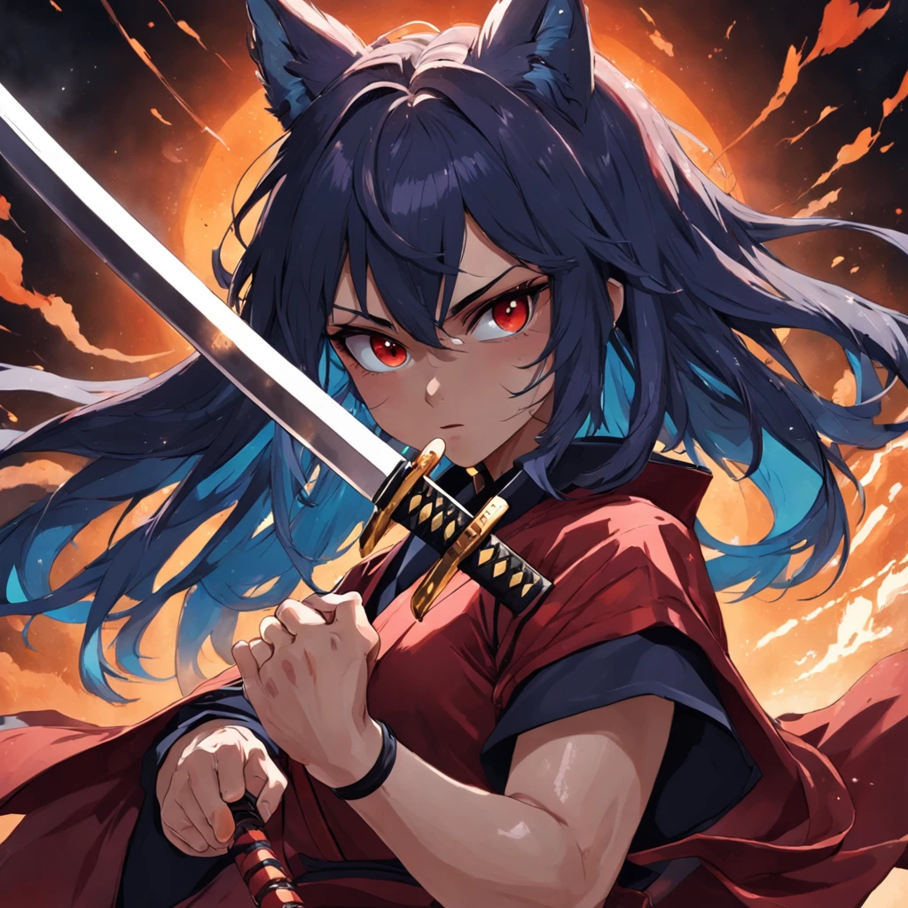 (absurdos, Altas Resoluciones, Ultra detallado)(Obra maestra, La mejor calidad:1.2),1hombre, con una katana, resplandor ocular, Ojos absolutamente impresionantes, sosteniendo una pistola, Mirando hacia el espectador, Maximum power, Orejas de Kitsune, orejas de zorro, colas de kitsune mistico, (Cara de galaxia),