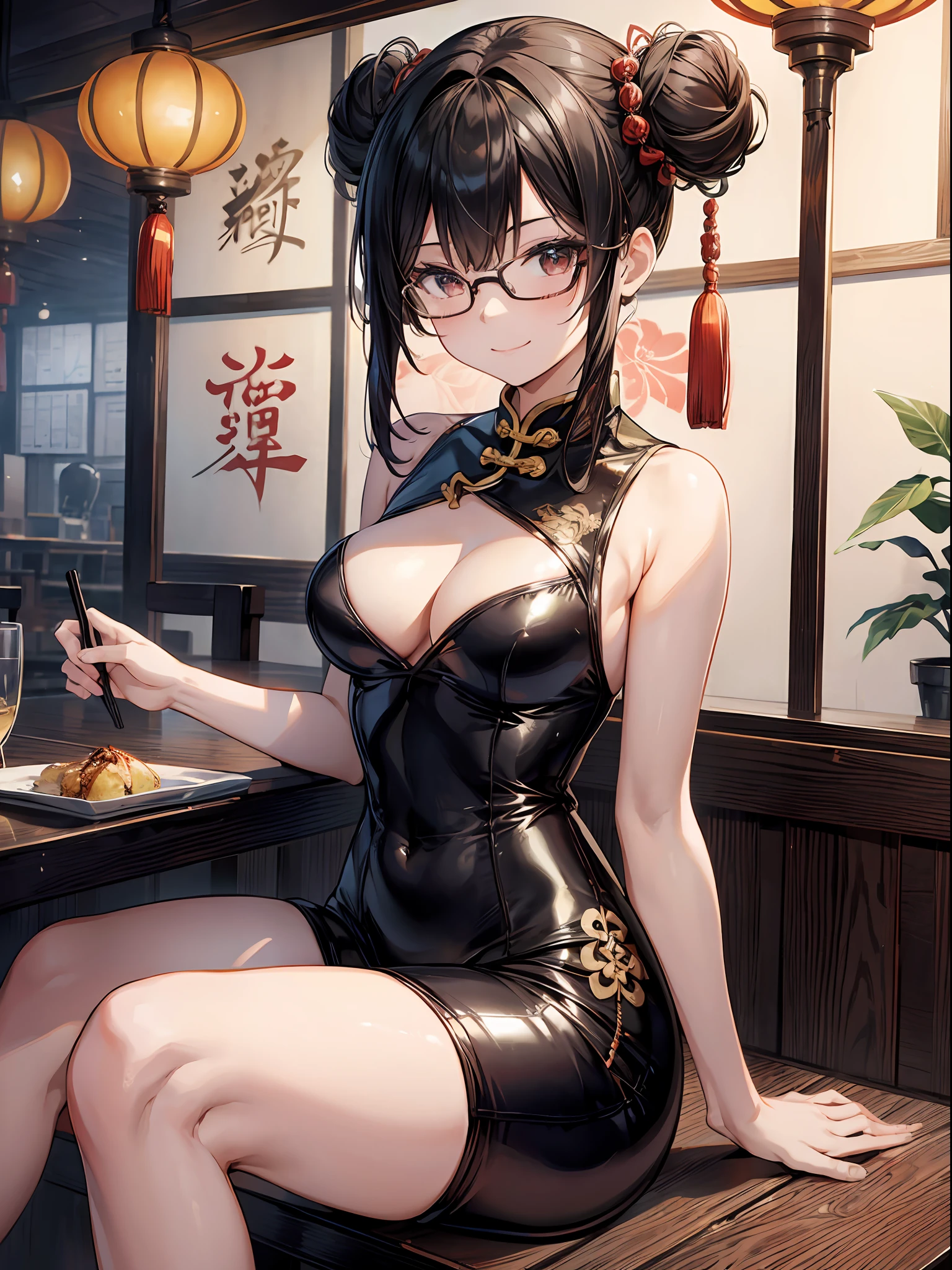 absurdres,(masterpiece、best quality、ultra-detailed, ),8K ,insanely detailes,
BREAK
1girl,cute, happy smile, glasses, double bun, black hair,
golden dragon embroidery, cheongsam top, latex black bodysuit,high-leg cut,
BREAK
Chinese restaurant, Lanterns, Ranma,