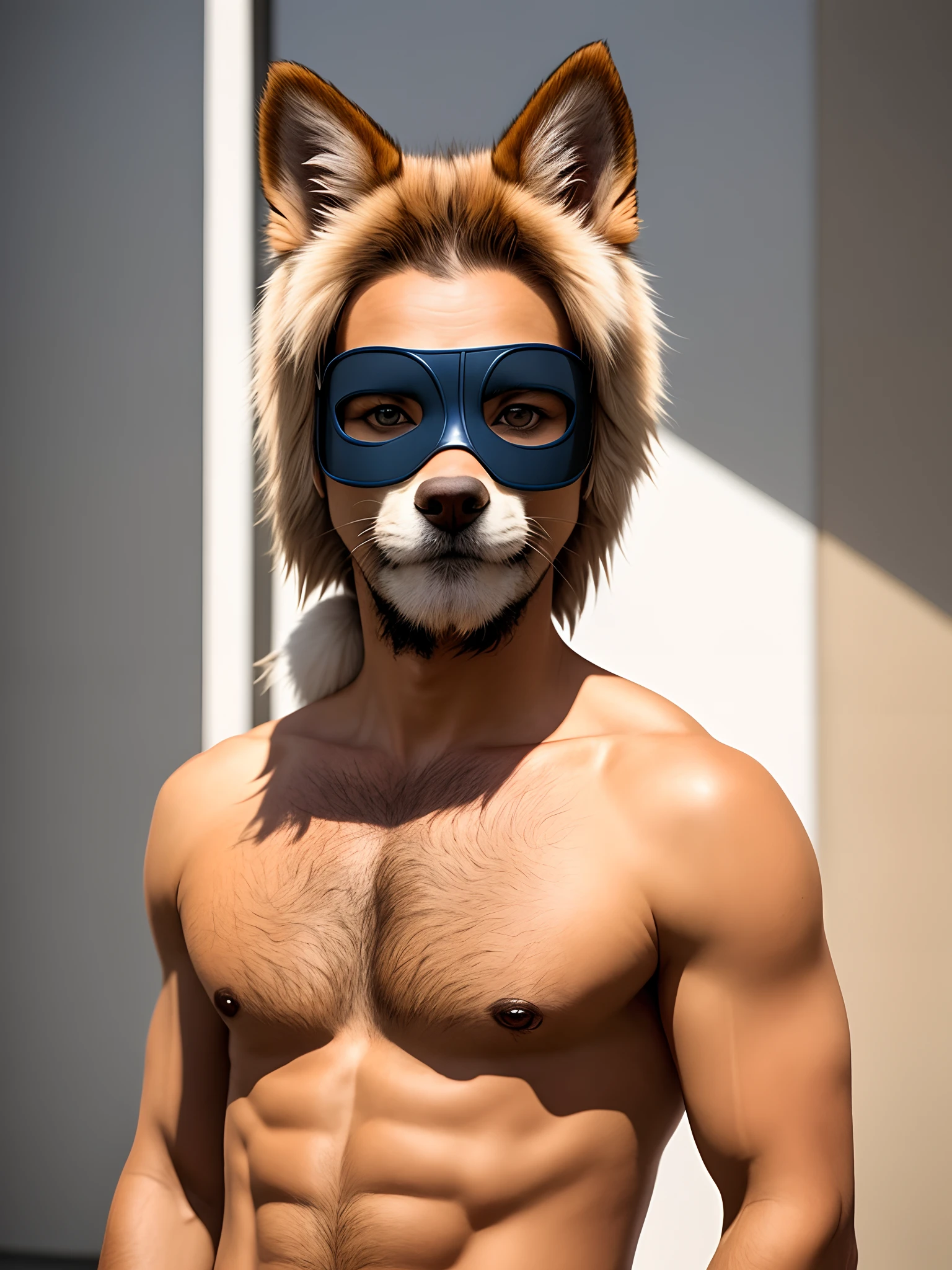 masterpiece, portrait,  soft lighting , (fluffy fur:1.1), slim, male, ((puro \(changed\))), black fur, white mask, white eyes, nude, detailed background, sitting, indoors