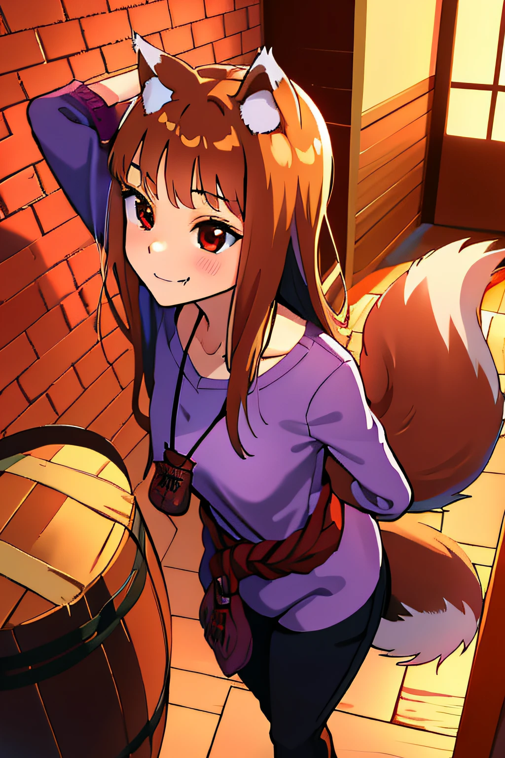 absurdres, best quality, masterpiece, novel illustration,(spice and wolf), (((holo))), (spicytail), (koume keito:1), (ayakura juu:1), (kawakami rokkaku:1), looking at viewer, wolf_ears, wolf_girl, wolf_tail, holo, animal_ears, 1girl, long_hair, brown_hair, purple_shirt, solo, brick_wall, pouch, fang, red_eyes, smile, barrel, front view, leaning forward, arms behind head, character focus