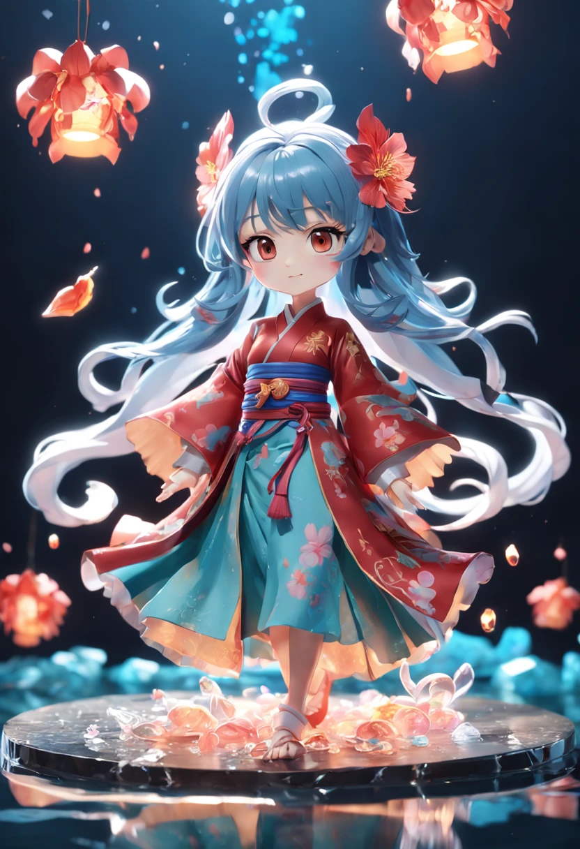 Chinese style, 3d Pixar character style, 3d, toys, tide play, ip, blind box, magic, whole body, cute girl, Hanfu, good smile, long hair, super clear, transparent material of one Chinese dragons, ice cube, drop reflected light, style prism + hibiscus, pure black background, particle, particle, blue light, Trend octane Render on art Workstation, 8K, HD, 3d, c4d, Blender --niji 5 --ar 4:3