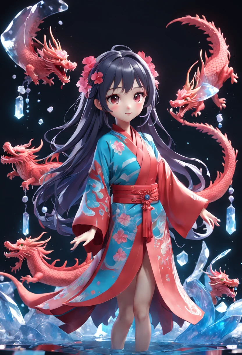 Chinese style, 3d Pixar character style, 3d, toys, tide play, ip, blind box, magic, whole body, cute girl, Hanfu, good smile, long hair, super clear, transparent material of one Chinese dragons, ice cube, drop reflected light, style prism + hibiscus, pure black background, particle, particle, blue light, Trend octane Render on art Workstation, 8K, HD, 3d, c4d, Blender --niji 5 --ar 4:3