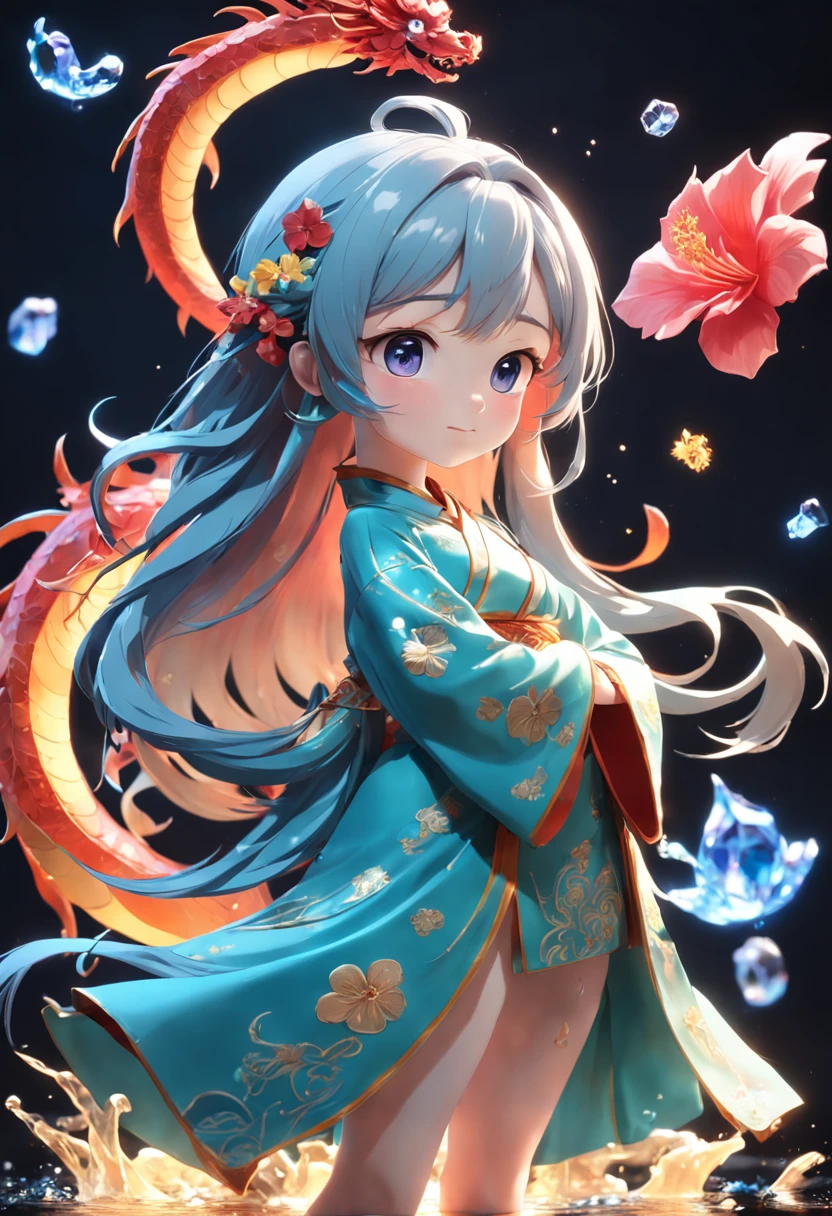 Chinese style, 3d Pixar character style, 3d, toys, tide play, ip, blind box, magic, whole body, cute girl, Hanfu, good smile, long hair, super clear, transparent material of one Chinese dragons, ice cube, drop reflected light, style prism + hibiscus, pure black background, particle, particle, blue light, Trend octane Render on art Workstation, 8K, HD, 3d, c4d, Blender --niji 5 --ar 4:3