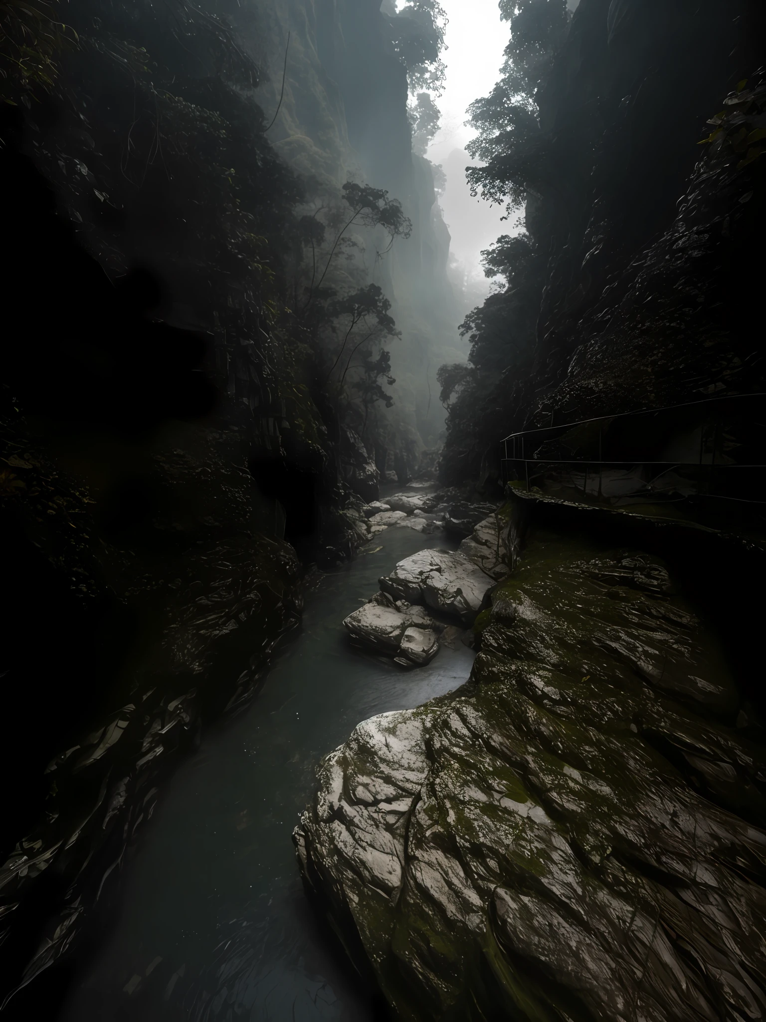 There is a river in the woods that runs through a narrow gorge, Mysterious canyon streams, gorge in the mountain, Beautiful and mysterious, an amazing landscape image, in between a gorge, eerie jungle, dark misty foggy valley, inside a gorge, mysterious ， Small rivers, canyons, The huge chasm, foggy jungle, gloomy and foggy atmosphere, From the depths of the jungle of another world, gloomy foggy atmosphere