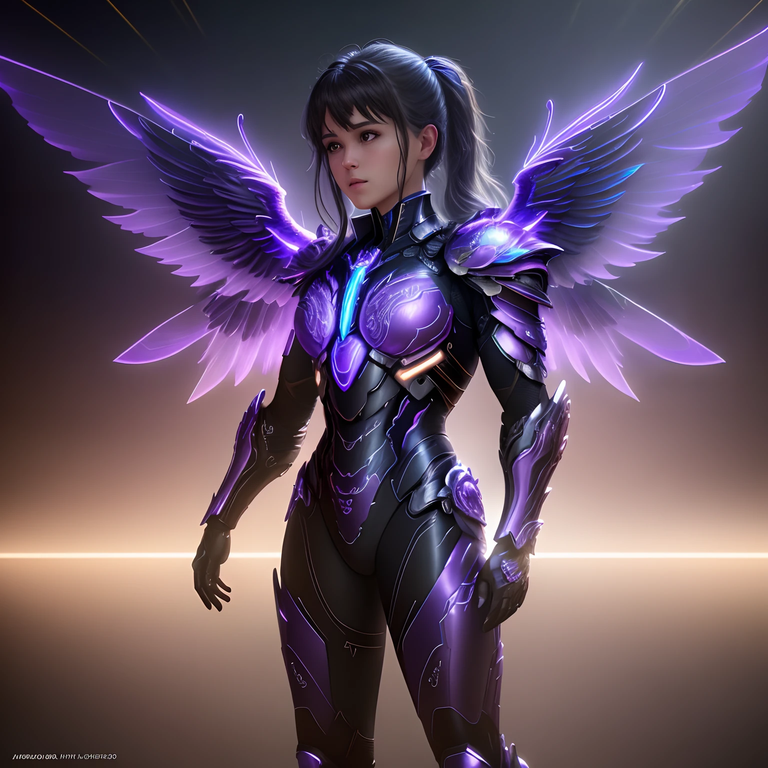 8K photo of an ultra-realistic archangel with 4 wings, full - body, intricate purple and blue neon armor, ornate, Cinematic lighting, Trending on ArtStation, 4k, A hyper-realistic, Focused, High Details, Unreal Engine 5, Cinematic