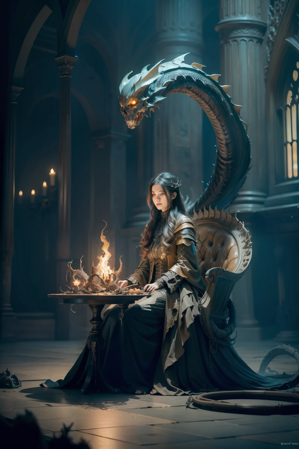 （A beautiful witch sits in front of the Soniste fire dragon skeleton:1.4) ，gloomy castle，Spooky and terrifying，The skull is on the ground，depth of fields，high light，Real light，Ray traching，OC renderer，UE5 renderer，Hyper-realistic，best qualtiy，8K，Works of masters，super-fine，Detailed pubic hair，Correct anatomy，