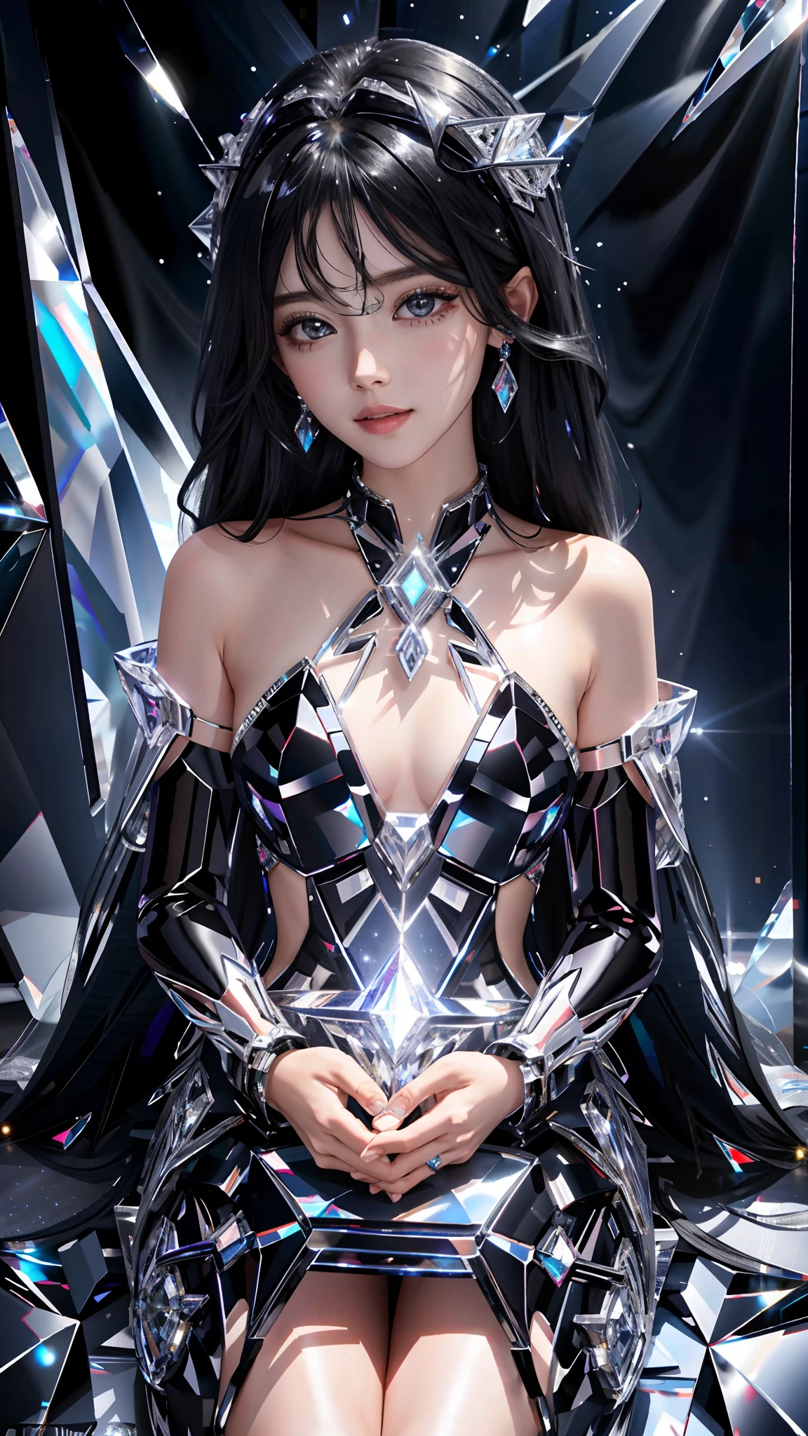 Ultra hd, 8k quality, a girl, happy, very long hair, detailed eyes, glossy lips, black Crystalline dress, black crystals, reflecting blue, lights on crystals, spreading lights, sitting, whole body capture,