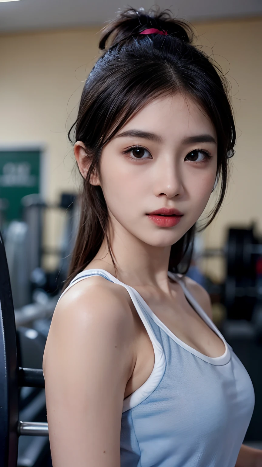 Slender Asian girl, kpop idol, ((gym uniform)), ((top quality, 8k, masterpiece: 1.3)), crisp focus: 1.2, beautiful woman with perfect figure: 1.4, highly detailed face and skin texture, detailed eyes, ((skinny)), beautiful face, symmetrical face, full-length, sexy, almost ?????, in the gym