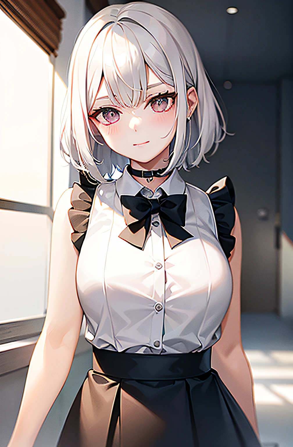 General Details: very detailed, very high resolution, exceptionally high resolution, exceptionally detailed, best quality, 3D artwork, perfect lighting and shading, perfect work, 1 girl, beautiful hands, perfect hands
Not NSFW (Not Safe for Work): (nsfw:-1.5)
Clothing: clothing, (simple dark grey pleated short skirt:1.4), (shiny gold-buckled black leather belt:1.3), (dark blue bow tie:1.2), short sleeves, white shirt, white buttoned shirt
Facial Expression: small smile at the corner of the mouth, very sly eyes
Pose: standing, modeling, looking at the viewer
Character Traits: slender, kawaii, perfectly symmetrical face, soft pinkish cheeks, super cute girl, super cute face, exceptionally detailed eyes, exceptionally detailed hair, extremely cute, extremely beautiful
Background: stargazing field, night, dark, deep depth of field, exceptionally detailed background
Additional Physical Traits: large B-cup breasts, wide hips, large thighs, beautiful long legs, , short
Hairstyle: (ahoge:1.2), (short bob with see-through bangs), one side ponytail on the left, hair between the eyes, pale yellow hair with white tips, bright purple eyes.