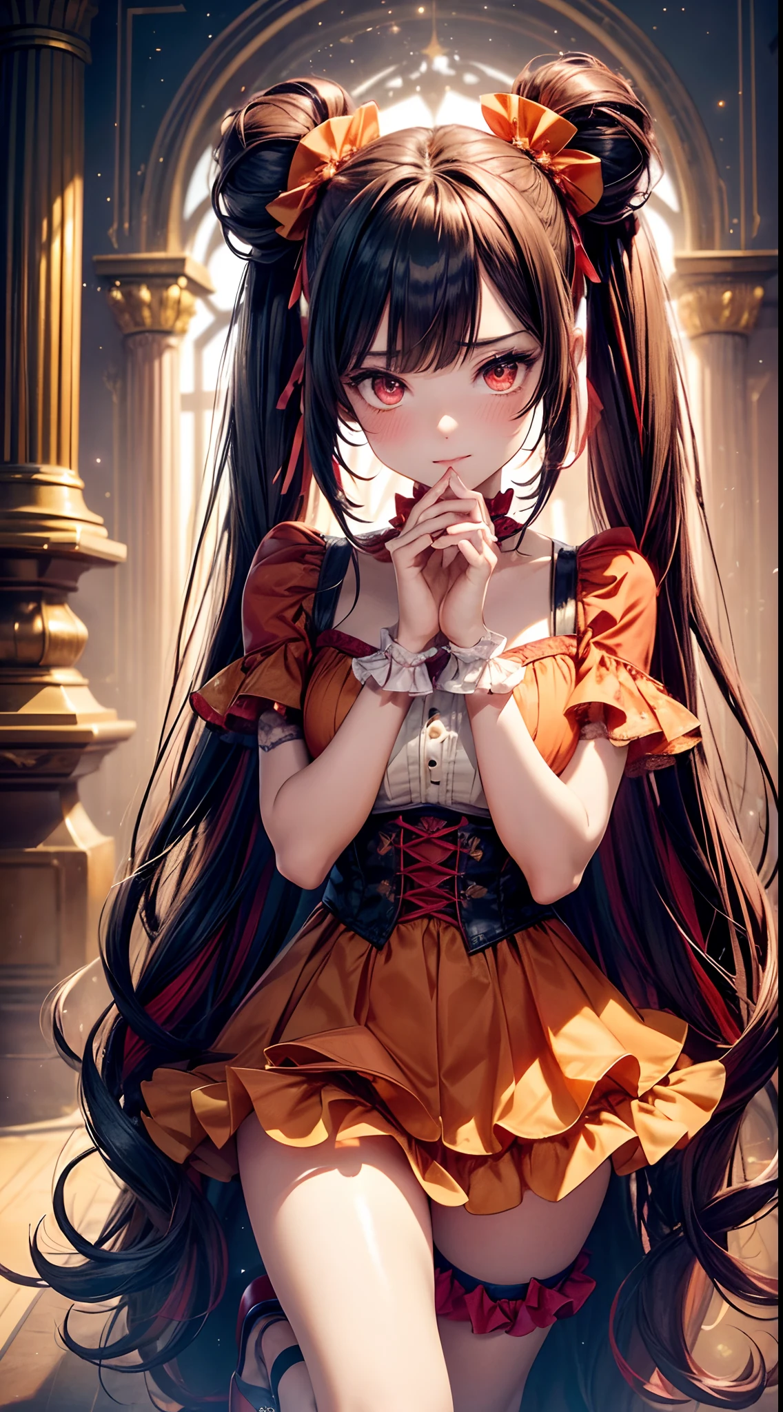 (fullbody, legs and shoes visible: 1.2)) expressive eyes, woman, pale skin, long hair, windblown hair, ((long hair)), long sidelocks, hime bangs, hair fringe, hair bun, ((long twintails)), flaming hair, red hair, blushing, full face blushing, big sparkling glowing red eyes, (gradient eyes), open mouth smile, cute pose,
flowy flaming dress, ((scarlet multicolored open dress)), (mist), orange ruffles, yellow frills, (light red lace), detached short sleeves, puffy skirt, ((fire and stars print skirt : 1.3)), ta skirt, dark red bows, ((pompon ribbons hair ornament : 1.4)), multiple bows, striped lace stockings, (heart shaped leg garter), cute (dark orange) shoes ((hyperdetailed clothing and fashion)) looking at you, vintage girl, blushing, (beautiful detailed eyes), (extremely detailed CG unity 8k wallpaper) (best shadow), ((an extremely delicate and beautiful)), (detailed light), ((depth of field)) big head, big sparkling eyes, moe, splash art, cinematic lighting, frontal view, volumetric lighting maximalist photo illustration 64k resolution high res intricately detailed complex key visual precise linear
((in the dark palace background, surrounded by expensive decor, shooting stars)) ((hyperdetailed scenery, foggy, darkness : 1.3))