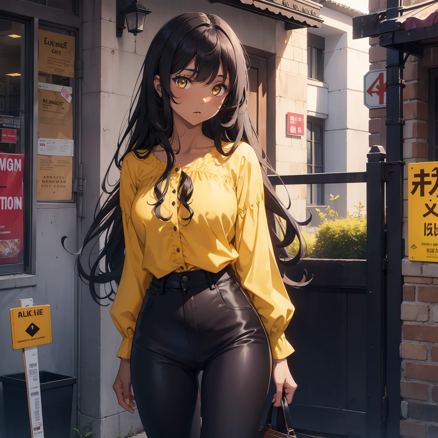 A girl with long, curly black hair, yellow eyes, brown skin color, wearing a purple blouse with black pants