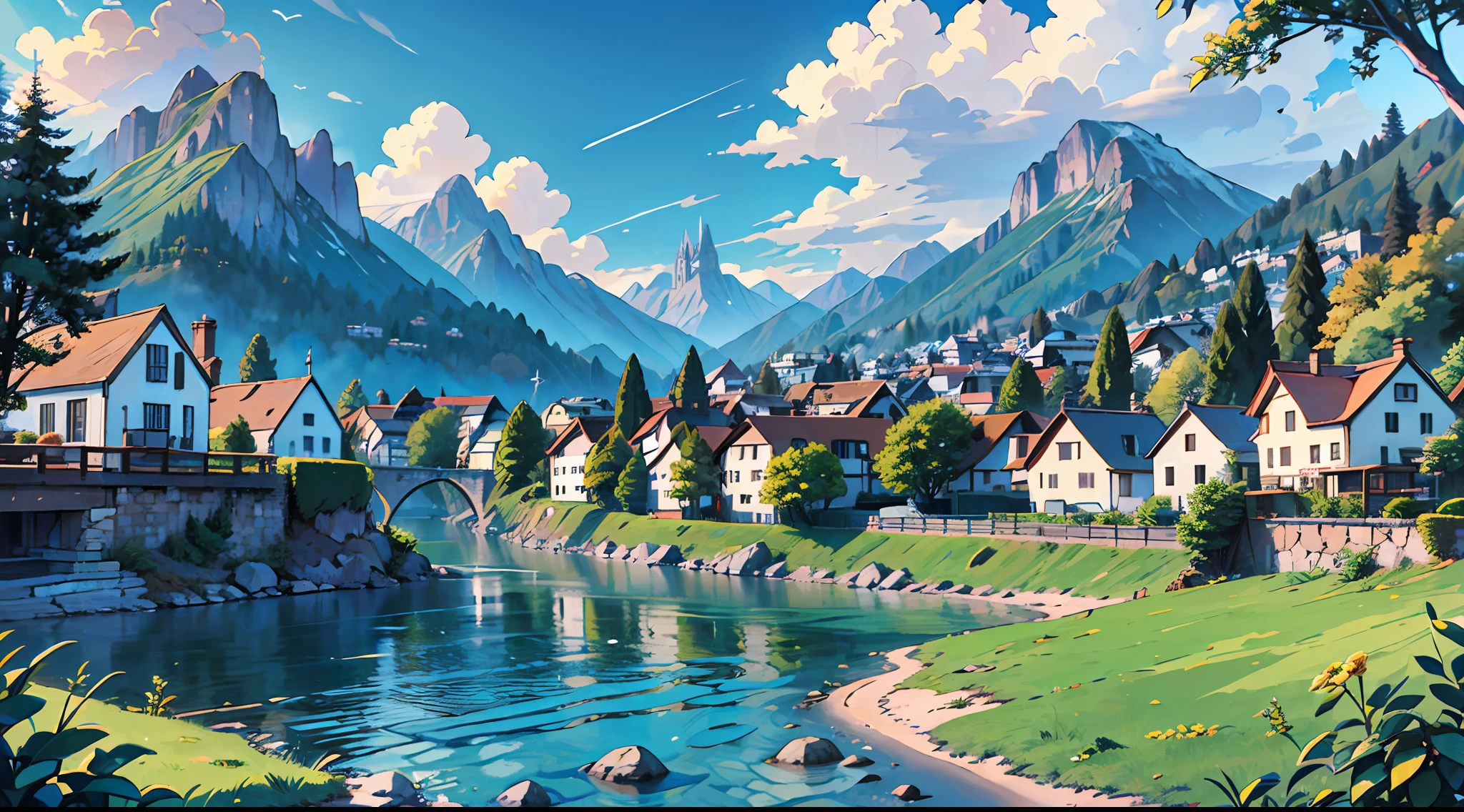 (absurderes, hight resolution, ultra-detailliert, nffsw), masutepiece, Best Quality, Mana Town Legends, Manadawn Console, Portrait of the place, Nostalgic places, Town of Lumina, detailed scenic view, In the legend of Mana Town, optic, Local metropolis, Scenery, professional photograpy, Detailed map of the roadside town, Detailed background、Thun wind、Disney Animated Homage