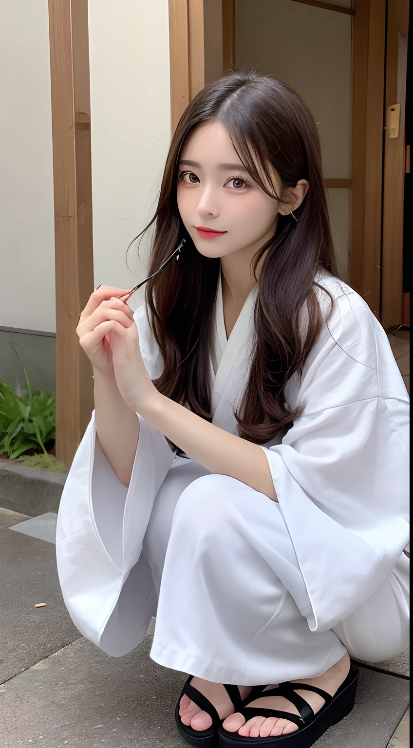 hight resolution, top-quality, Perfect dynamic composition, Beautiful detailed eyes、Radiant hair、Medium Hair, Natural Color Lip, college aged、kyoto、kimono、Lunette de soleil、white  hair、full body Esbian、Squatting、A little bit of a flutter