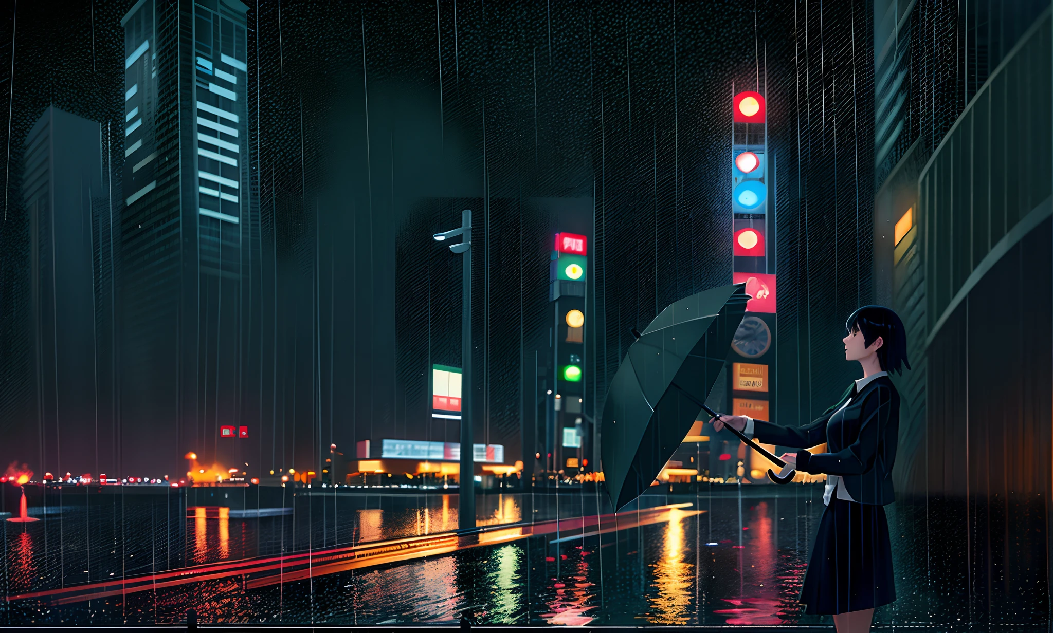 there is a woman holding an umbrella in the rain, rainy evening, rainy evening, late night raining, heavy rainning at tokyo night, rainy city at night, Gloomy. By Makoto Shinkai, Stormy weather. Makoto Shinkai, Rain at night, By Yuumei, pondering. By Makoto Shinkai, in the style of makoto shinkai