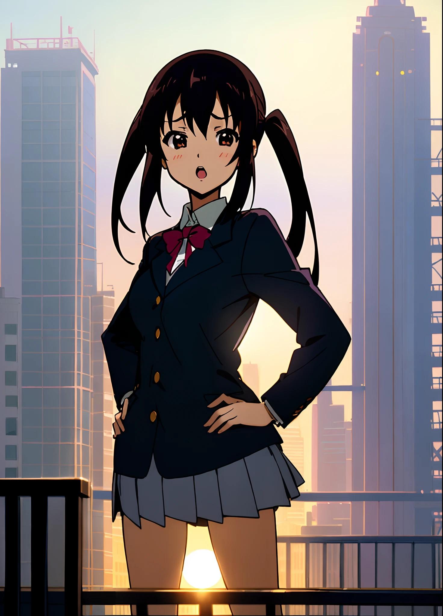 1girl, (((masterpiece))), top-quality, top-quality, High Details, nakano azusa, 1girl, Sakuragaoka High School Uniform, student clothes, Twin-tailed, length hair, A dark-haired, brown-eyed, 独奏, reddish, Dark blue blazer with thin red ribbon, Solid white buttoned shirt under blazer, illustratio, comic strip, soothing tones, Subdued Color, Soft cinematic light, adobe lightroom, photolab, HDR, intricately and hyper-detailed、(((depth of fields))))。(((masterpiece)))。(((top-quality))).)((ultra-detailliert)))。(((illustratio)))。(((takeout))).dynamic focus.big breasts.(((Skyscrapers))).(((A city scape))).(((Face of sadness))). open mouth.(((put hands on the hip))).(((up chest))).((evening glow)).((the setting sun)).