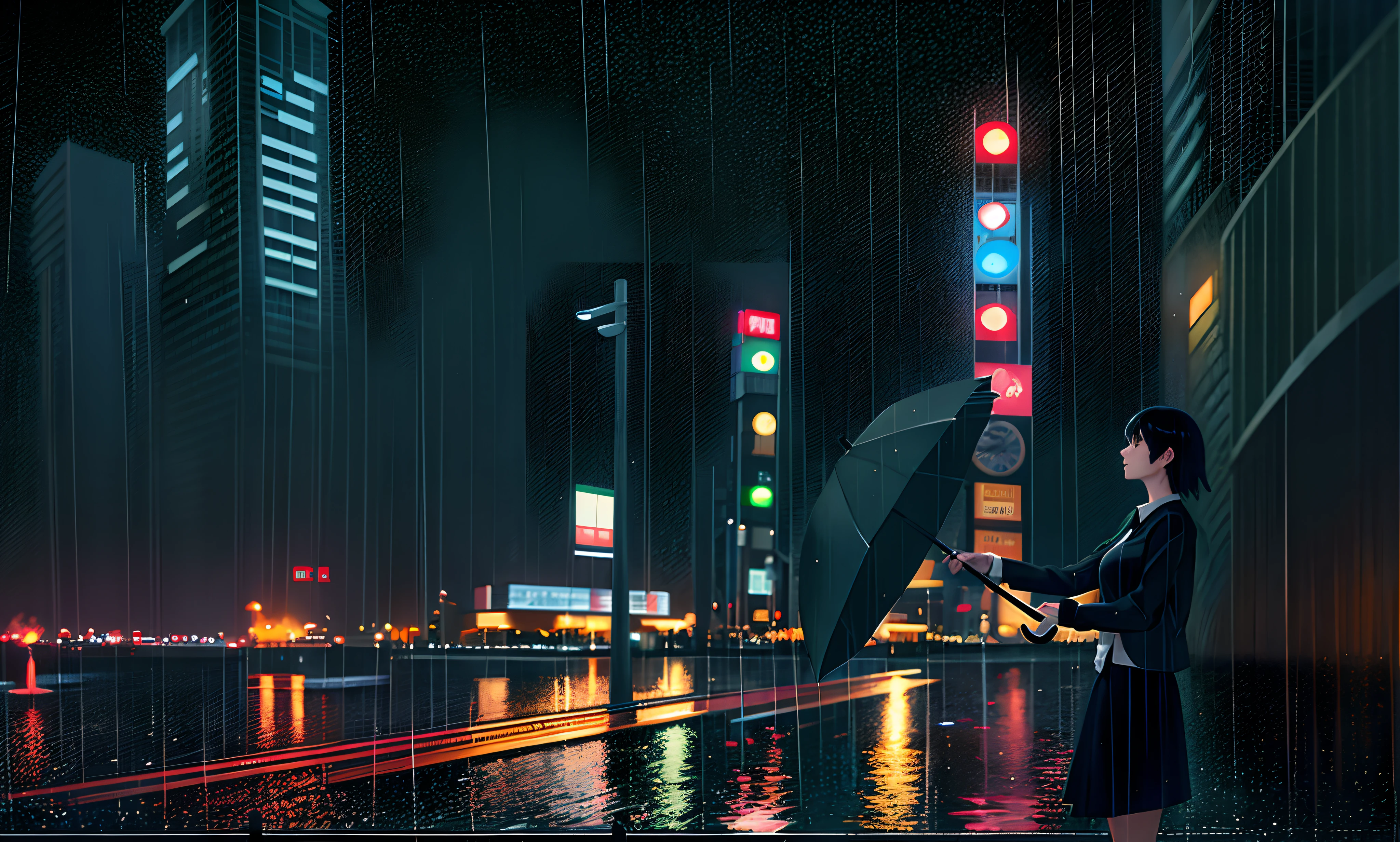 there is a woman holding an umbrella in the rain, rainy evening, rainy evening, late night raining, heavy rainning at tokyo night, rainy city at night, Gloomy. By Makoto Shinkai, Stormy weather. Makoto Shinkai, Rain at night, By Yuumei, pondering. By Makoto Shinkai, in the style of makoto shinkai
