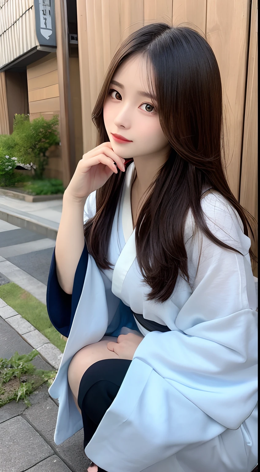 hight resolution, top-quality, Perfect dynamic composition, Beautiful detailed eyes、Radiant hair、Medium Hair, Natural Color Lip, college aged、kyoto、kimono、Lunette de soleil、white hair、full body Esbian、Squatting、A little bit of a flutter