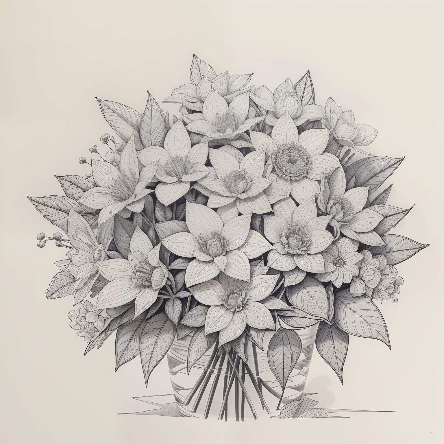 Coloring A bouquet made of leaves and flowers tied with ribbons.., Draw black and white lines.  Draw a 3D line, pale, no background, Shadowless, 8K high-detail lines, 8K highly detailed lines, Highly detailed drawings, In Gouache detailed drawings, Gouache illustration.  Matt, Highly detailed drawings, Realistic detailed drawings, Realistic detailed drawings, Made from leaves, Detailed gouache drawings, Figure 2 of gouache, Highly detailed drawings