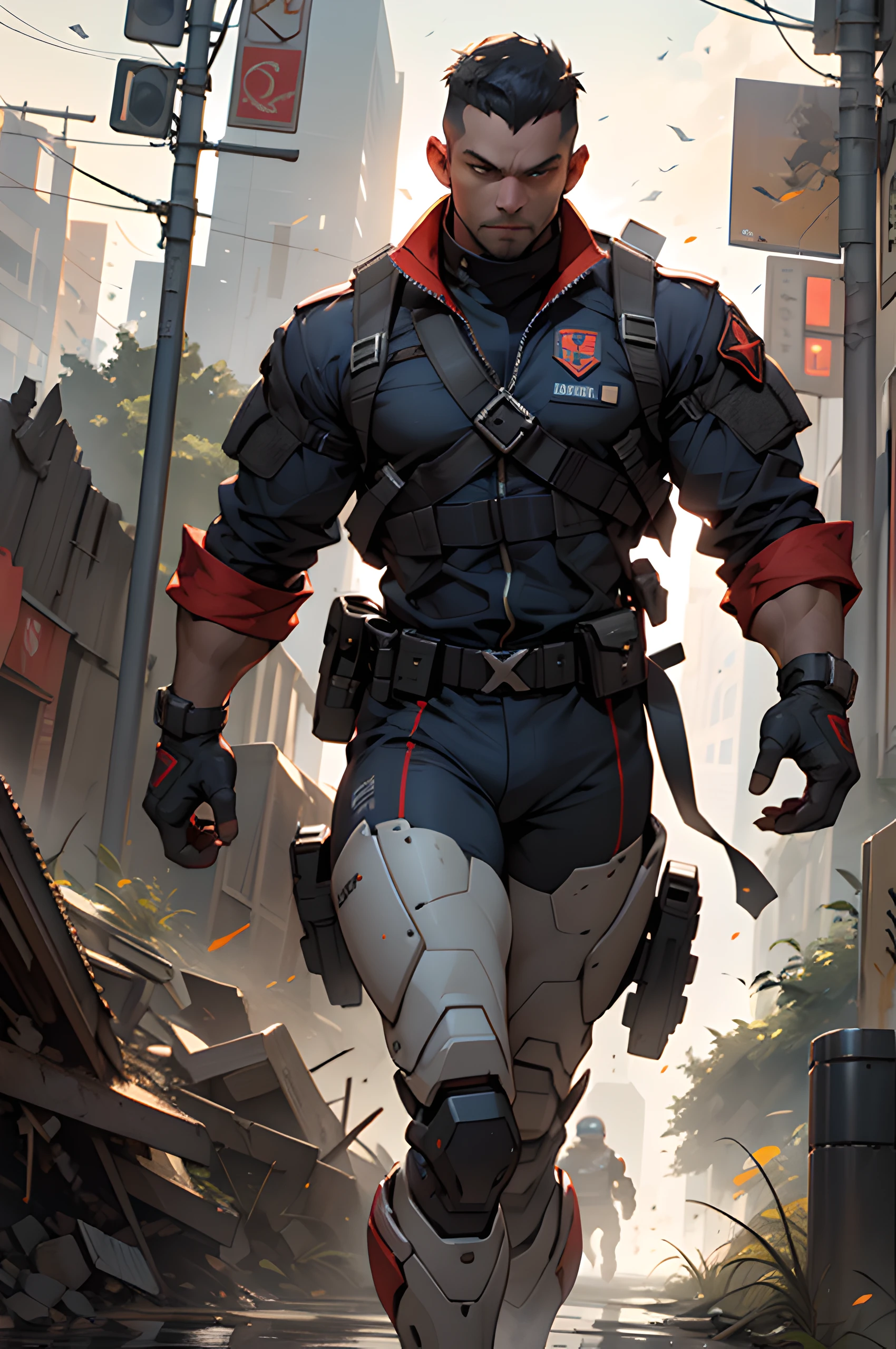 1man, solo, ((color:dark blue)), a futuristic mature male soldier with iron black mechanical legs, wearing epTactical, running at high speed, battlefield ruins, face focus, UHD, anatomically correct, best quality, masterpiece, upper body, dynamic lighting