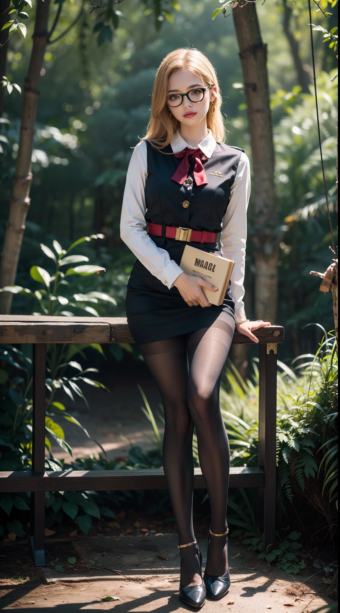 (full body:1.5),(((1girl)):1.3),(view the viewer:1.4),((anatomy correct):1.45),((Sitting in the forest):1.2),(He wears large glasses and holds a book in his hand:1.15),(shy:1.15),(iron man style Sailor dress with ribbons:1.2),(Striped pantyhose:1.3),( Uniform high heels leather shoes with bows for female students:1.1),(Accurate and perfect face:1.3),(Blue-eyed blonde:1.2),hyper HD, Ray traching, reflective light, structurally correct, Award-Awarded, high detail, lighten shade contrast, Face lighting ,cinematic lighting, masterpiece, super detailing, high quality, high detail, best quality, 16k,High contrast,
