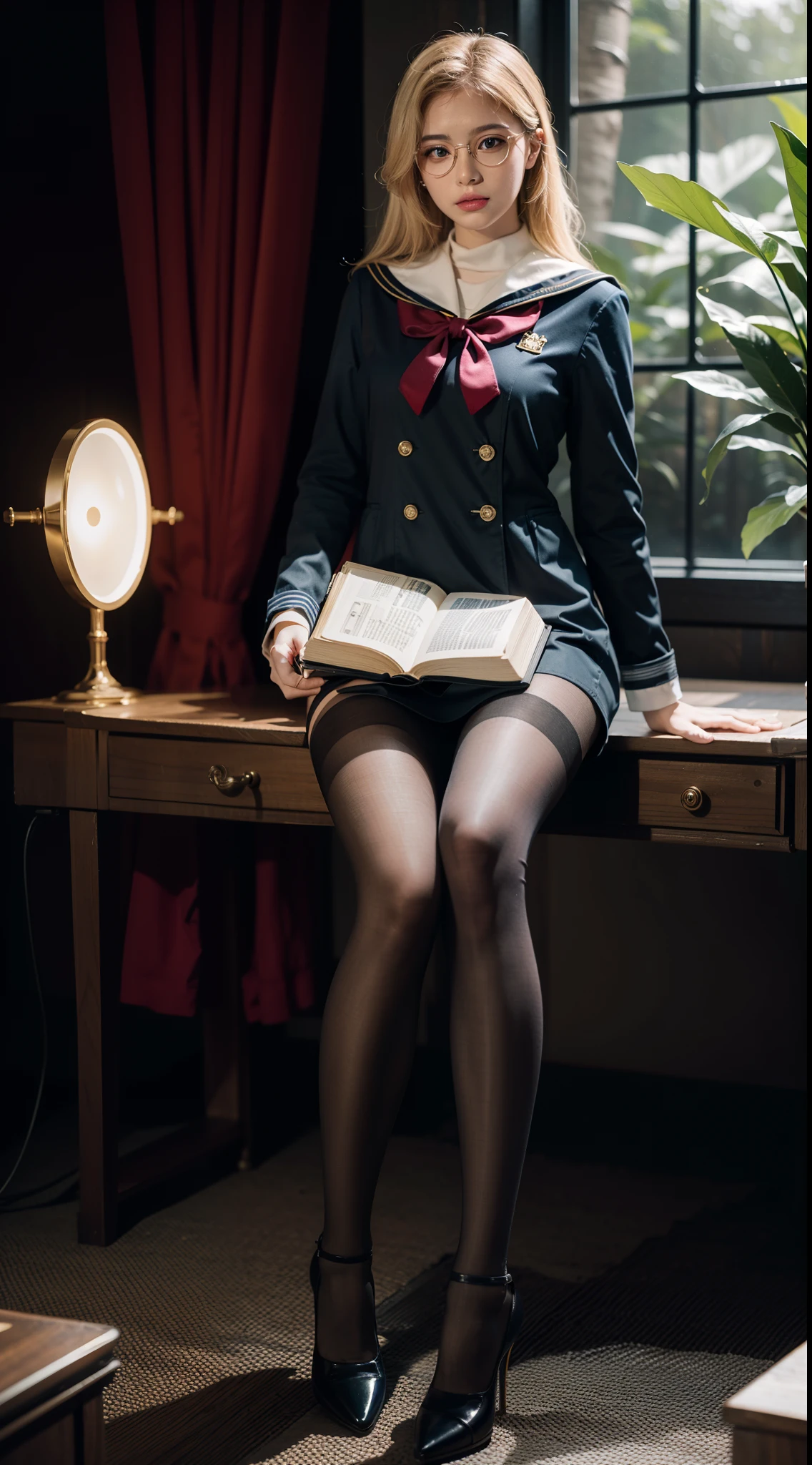 (full body:1.5),(((1girl)):1.3),(view the viewer:1.4),((anatomy correct):1.45),((Sitting in the forest):1.2),(He wears large glasses and holds a book in his hand:1.15),(shy:1.15),(iron man style Sailor dress with ribbons:1.2),(Striped pantyhose:1.3),( Uniform high heels leather shoes with bows for female students:1.1),(Accurate and perfect face:1.3),(Blue-eyed blonde:1.2),hyper HD, Ray traching, reflective light, structurally correct, Award-Awarded, high detail, lighten shade contrast, Face lighting ,cinematic lighting, masterpiece, super detailing, high quality, high detail, best quality, 16k,High contrast,