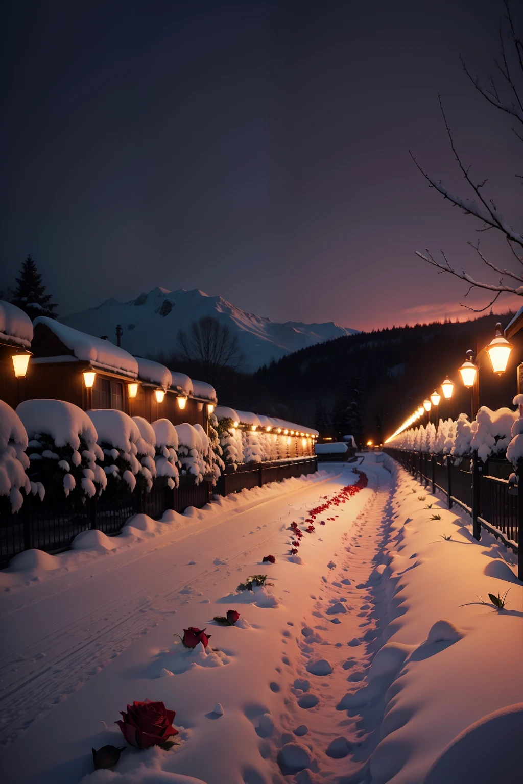 Red roses on a snowy night