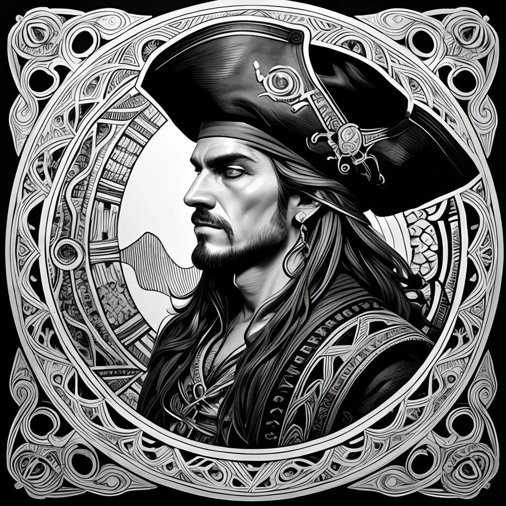 Centred potrait of a male Pirate, black and white, zentangle (best quality) ultra-detailed, fine line drawing, fine line art, coloring book illustration style, intricate linework, highly detailed illustration, perfect composition, beautiful and stunning, dynamic angle, high contrast, incredible shading, incredible detail, unique style, black and white details, (dark and mystical atmosphere), intricate and detailed nature elements.