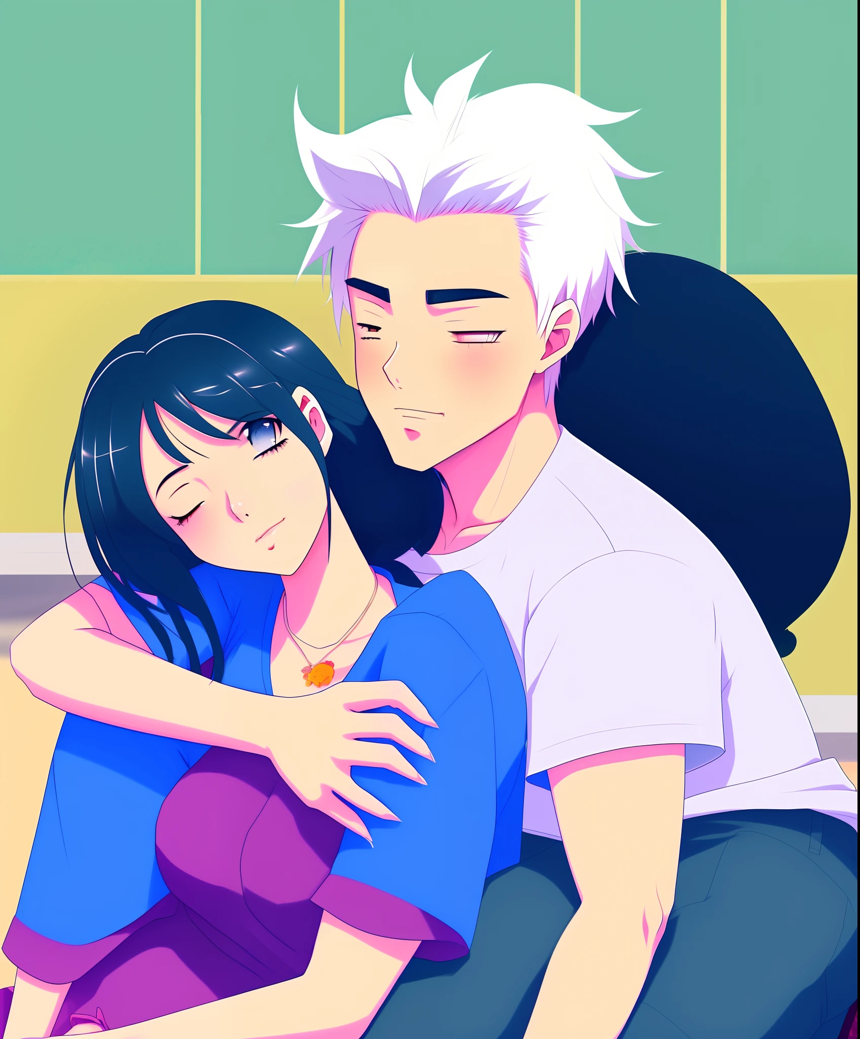 28 year old white haired Asian man lying asleep on the lap of a 26 year old black haired Asian girl, drawn anime style art, extremely detailed digital illustration, vector art, high quality, HD