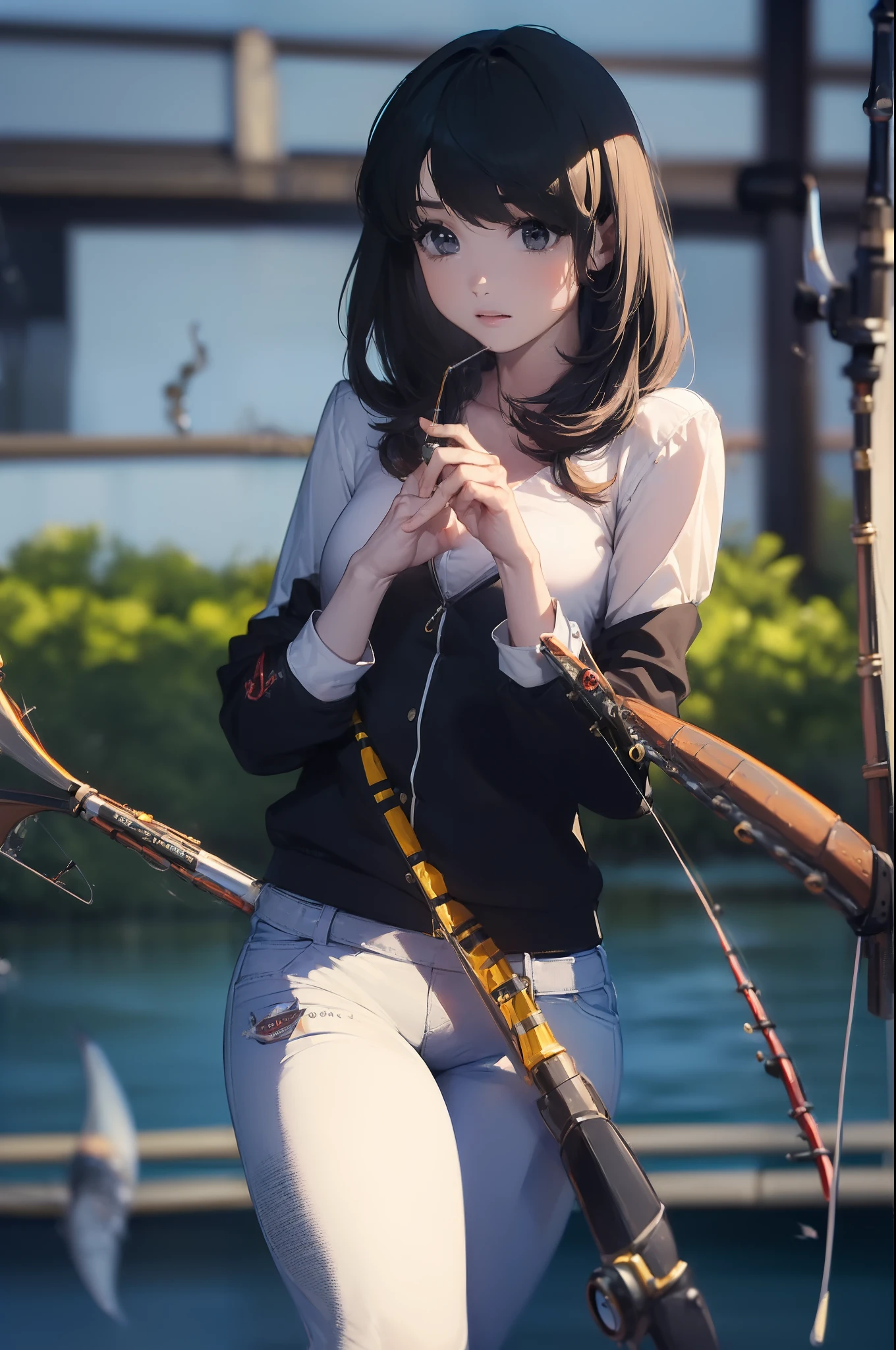 ((((having a fishing rod with a reel by the lakeside:1.5)))),((Female 28 years old)),((Best Quality:1.5)),(((Hands with the correct number and structure of fingers:1.4))),((Big fish:1.37)),hight resolution,ultra-detailliert,masterpiece,best qualtiy,(Eight-headed body),Black hair, long eyes-lashes, Solid Circle Eyes, drop shadow, Atmospheric perspective,Super Detail, ccurate, small brest,(Black jacket and black jeans :1.1),top-quality, blurry backround, bokeh dof:1.2, (masterpiece:1.3), Atmospheric perspective,Super Detail,dynamic compositions,
