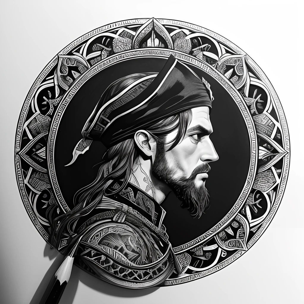 Centred potrait of a male Pirate, black and white, zentangle (best quality) ultra-detailed, fine line drawing, fine line art, coloring book illustration style, intricate linework, highly detailed illustration, perfect composition, beautiful and stunning, dynamic angle, high contrast, incredible shading, incredible detail, unique style, black and white details, (dark and mystical atmosphere), intricate and detailed nature elements.