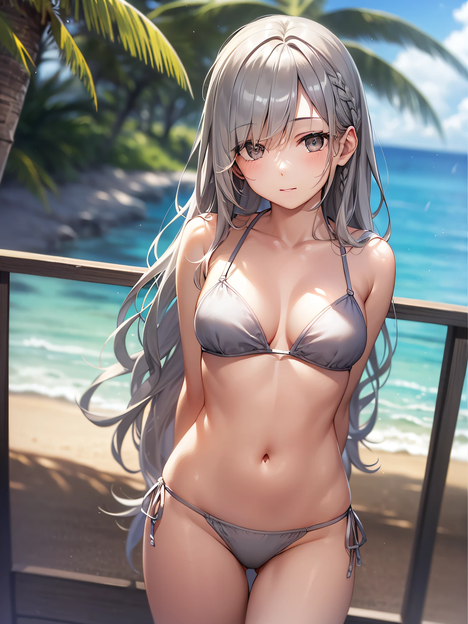 (masterpiece、top-quality、hight resolution、photos realistic、real looking skin:1.1)、(Gray eyes:1.5)、Beautiful eyes、Shining eyes、(silber hair:1.5)、Very long hair、Side braid、Bangs that extend between the eyes、Flowing hair、facinator black diamond-shaped decoration、Japan girls at 、short stature、full bodyesbian、embarrassed from、is standing、(arms behind back:1.5)、ruffle bikini、Sunnyday、beautiful ocean、sand beach