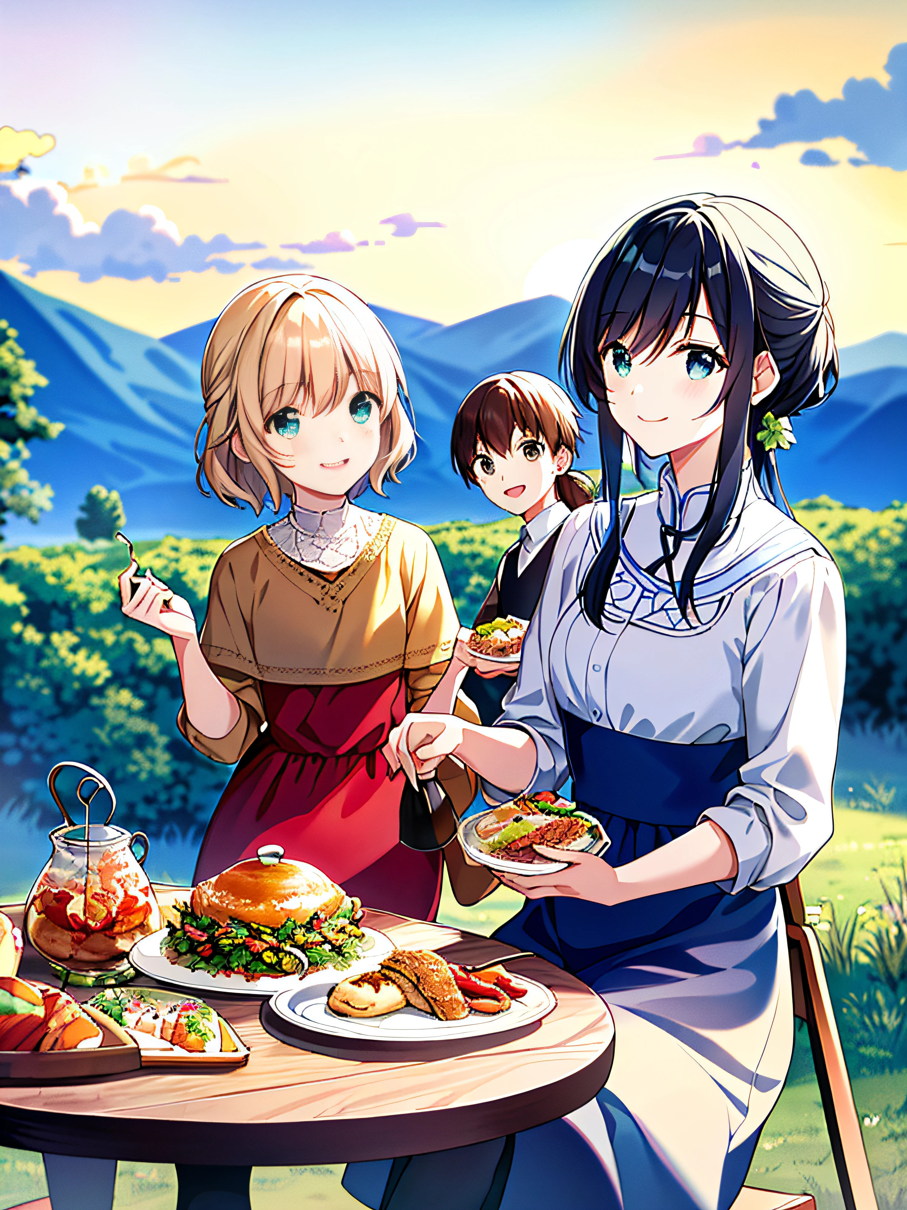 Two  and one woman, the women are wearing aprons, the first  is wearing a black and green checkered kimono, black hair in a ponytail, the other  is wearing a light purple summer dress with low twin tails, the girls are eating pancakes on an open terrace, smiling, the woman is bringing more pancakes, masterpiece, detailed line drawing, official art,