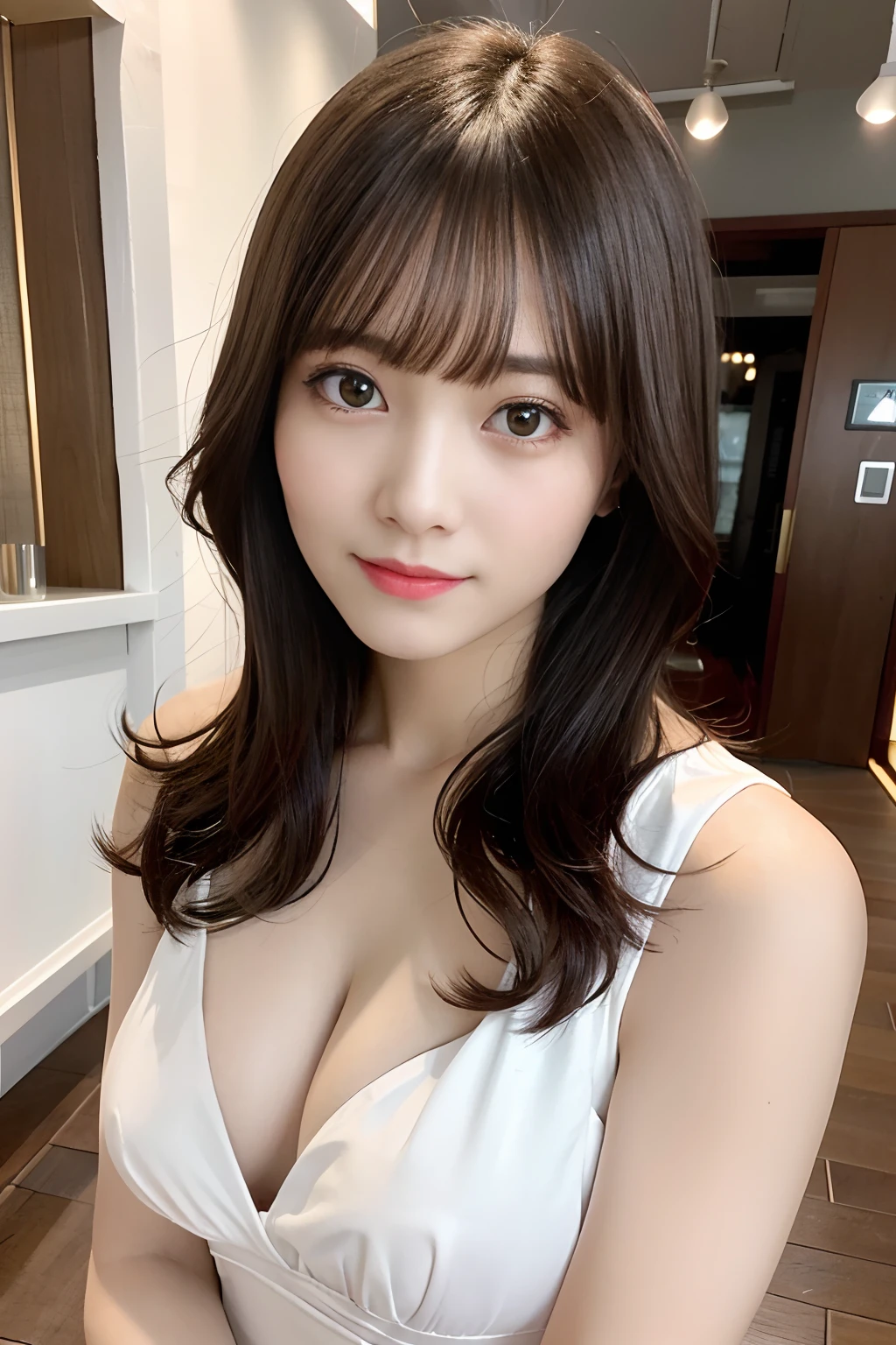 top-quality、Photorealsitic、8K、hight resolution、Perfect litthing、a gorgeous、masterpiece、realisitic、closeup portrait、
1girl in、piercingeyes、middlebreasts、shorth hair、Look at viewers、kindly smile、outside of house、in a cafe、fullnude、Bet、futon bedding、nudde