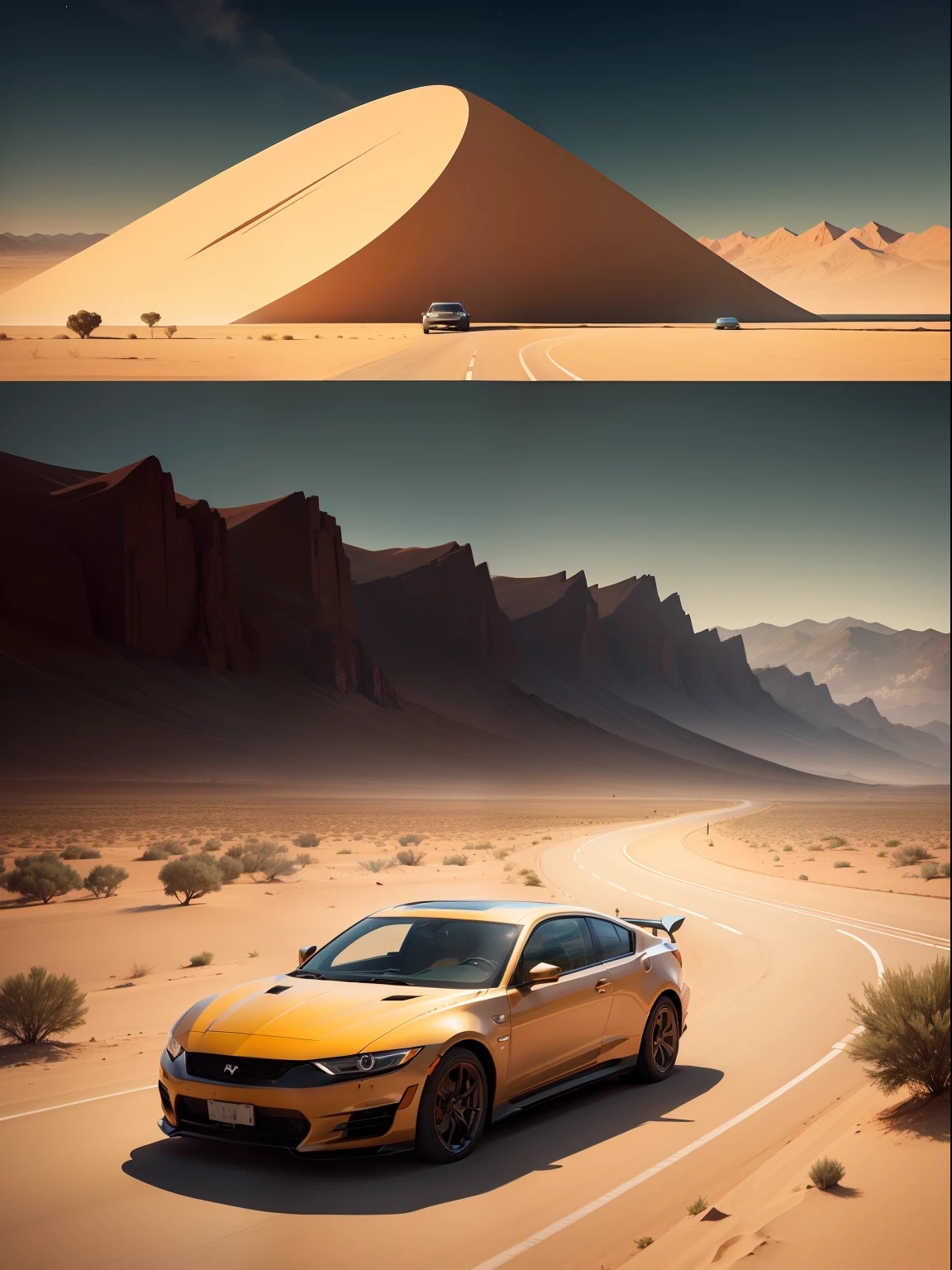A fast car in a desert landscape，mountain ranges，during night，Wes Anderson style，precisionism，Minimalist