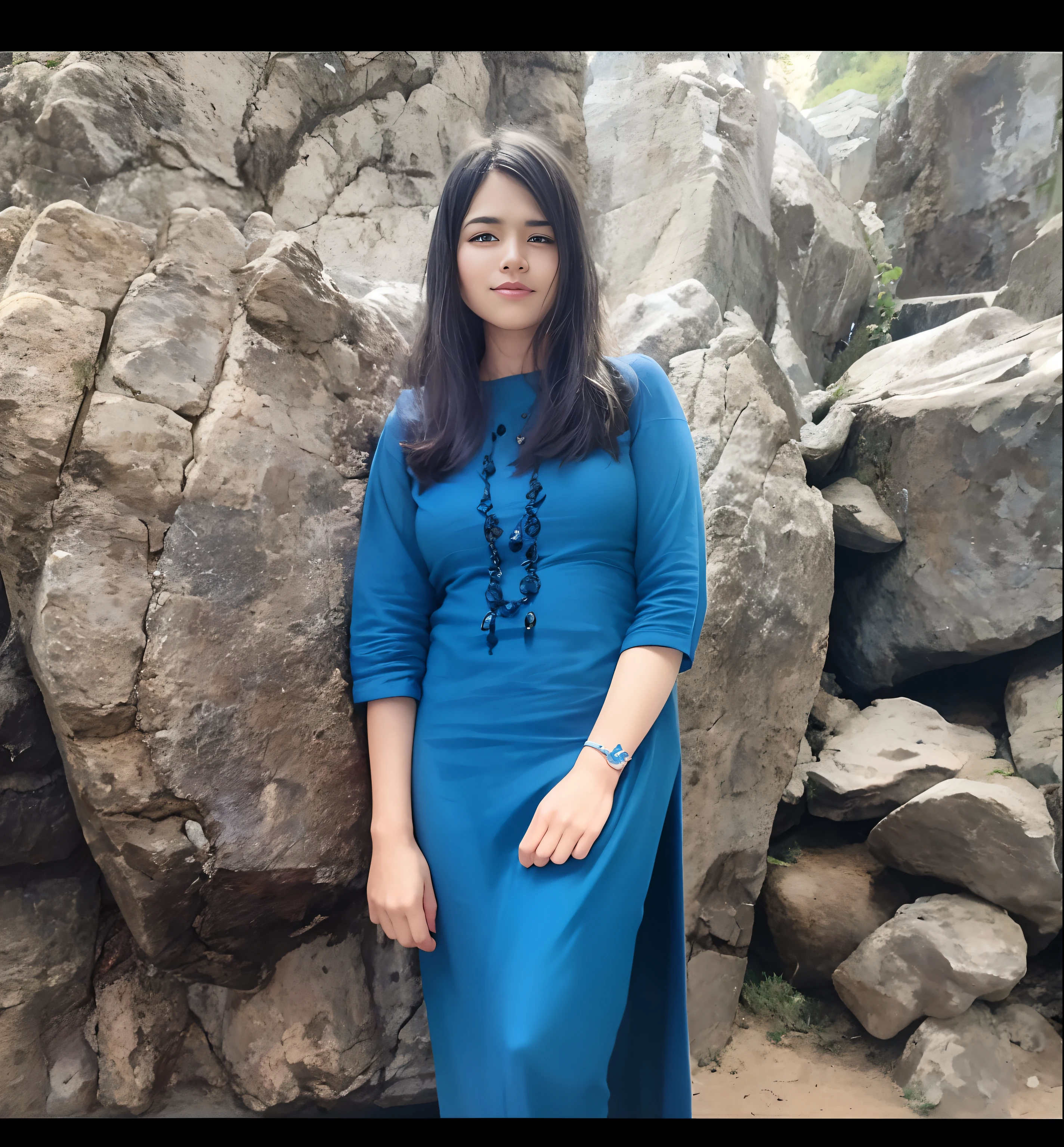 arafed woman standing in front of a rock wall with a blue dress, photo taken in 2 0 2 0, by Max Dauthendey, profile pic, profile picture, taken in 2022, inspired by Kailash Chandra Meher, in front of a forest background, full body photogenic shot, candid picture, portait image