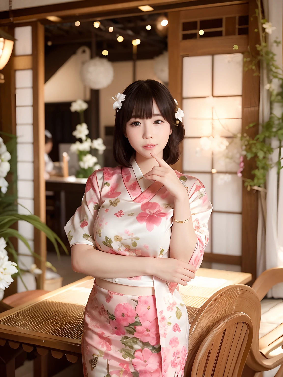 22-year-old Japanese woman, dressed as a geisha, with a Japanese fan in one of her hands, with a light sakura-colored dress, cheerful blue eyes, light pink lipstick lips, long black hair, tied up, background of the image in a Japanese-style house , sitting on the floor, full image. full body image, realistic photo, detailed photo, 3d rendering, vivid and bright colors, realistic image, 12k, 8k image, full photo without head or body cropping