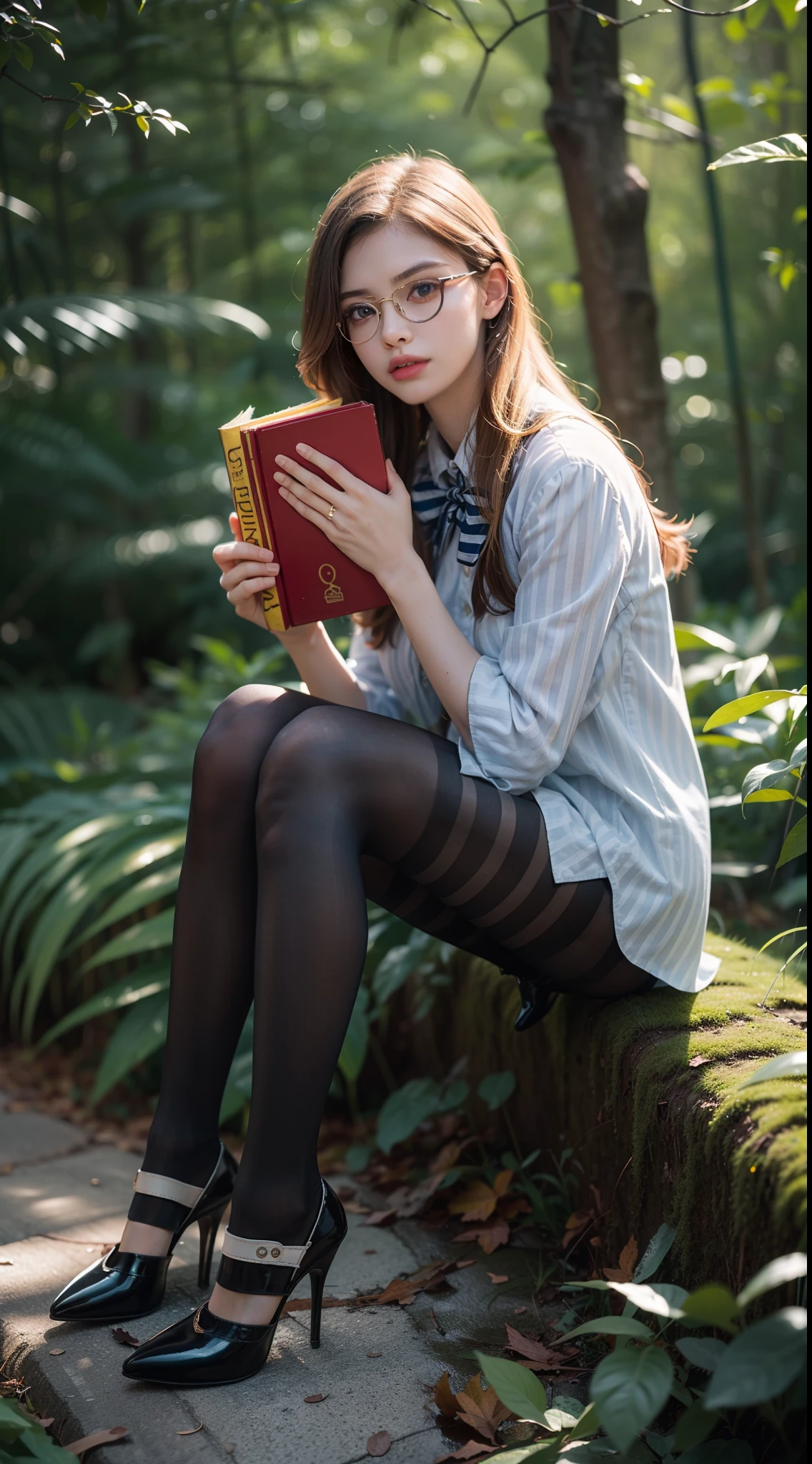 (full body:1.5),(((1girl)):1.3),(view the viewer:1.4),((anatomy correct):1.45),((Sitting in the forest):1.2),(He wears large glasses and holds a book in his hand:1.15),(shy:1.15),(iron man style Sailor dress with ribbons:1.2),((((Striped))) ,(pantyhose):1.3),( Uniform high heels leather shoes with bows for female students:1.1),(Accurate and perfect face:1.3),(Blue-eyed blonde:1.2),hyper HD, Ray traching, reflective light, structurally correct, Award-Awarded, high detail, lighten shade contrast, Face lighting ,cinematic lighting, masterpiece, super detailing, high quality, high detail, best quality, 16k,High contrast,