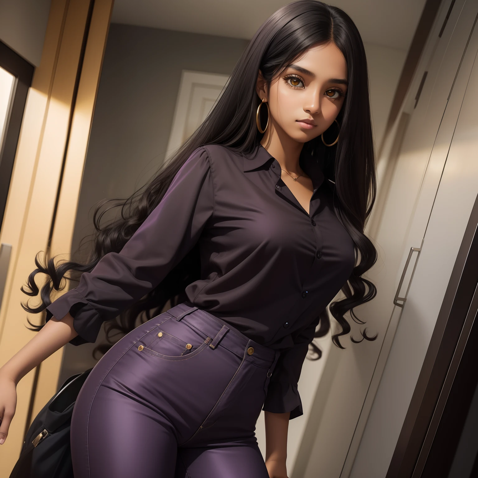 A girl with long, curly black hair, yellow eyes, brown skin color, wearing a purple blouse with black pants