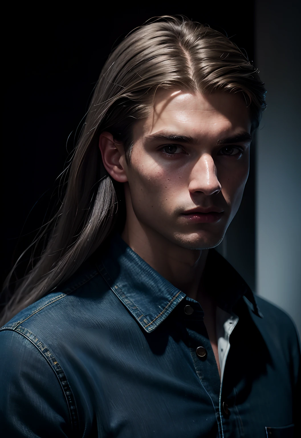 Surrealistic male portraits by David Hockney and Alphonse Mucha, fantasy art, photorealism, dynamic lighting, artstation, poster, volumetric lighting, very detailed faces, 4k, award-winning, 1girl, in the dark, deep shadows, understated, denim photos, (formal wear: 1.4), long hair, gray hair,